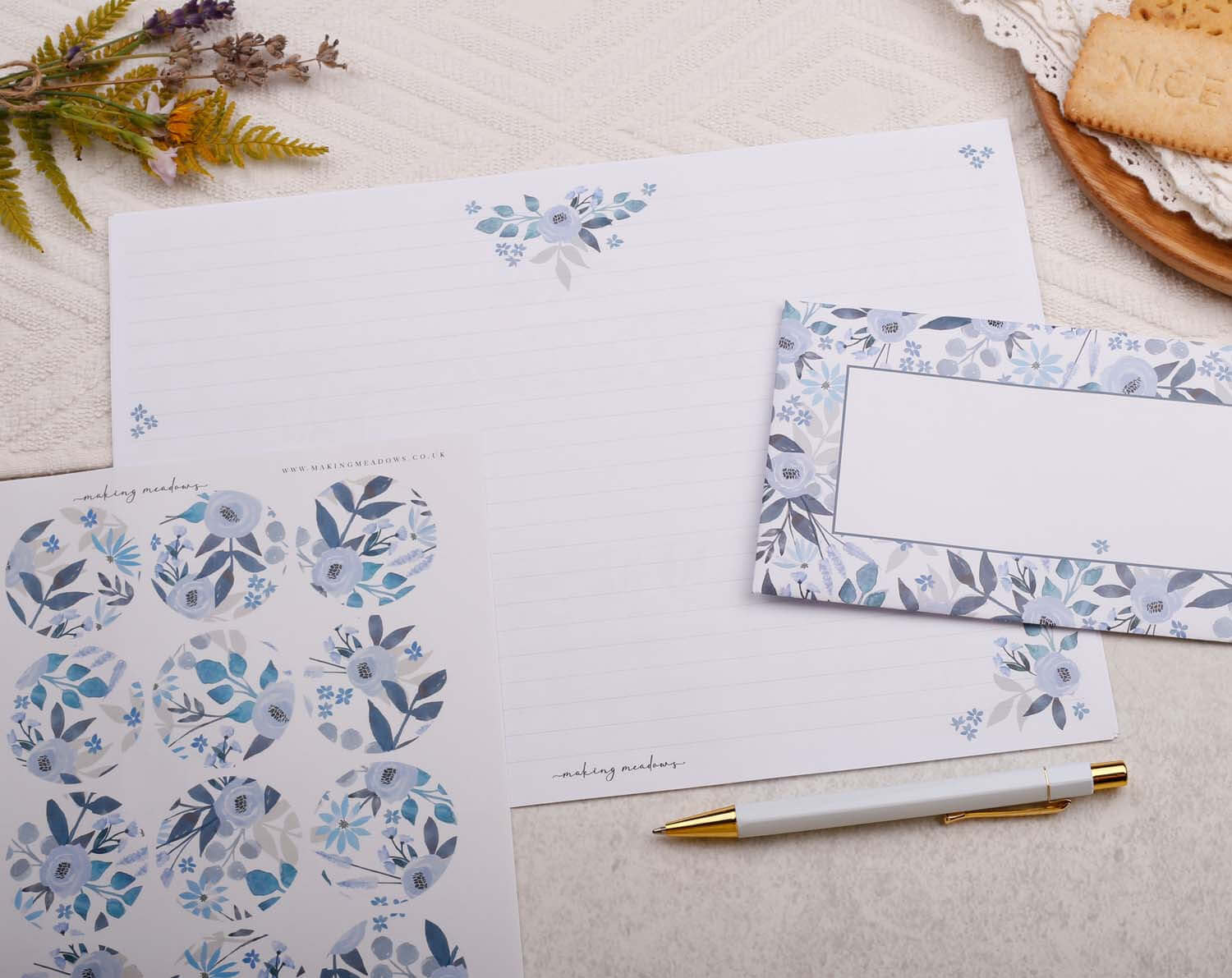 A4 origami writing paper with blue flowers designed by Making Meadows