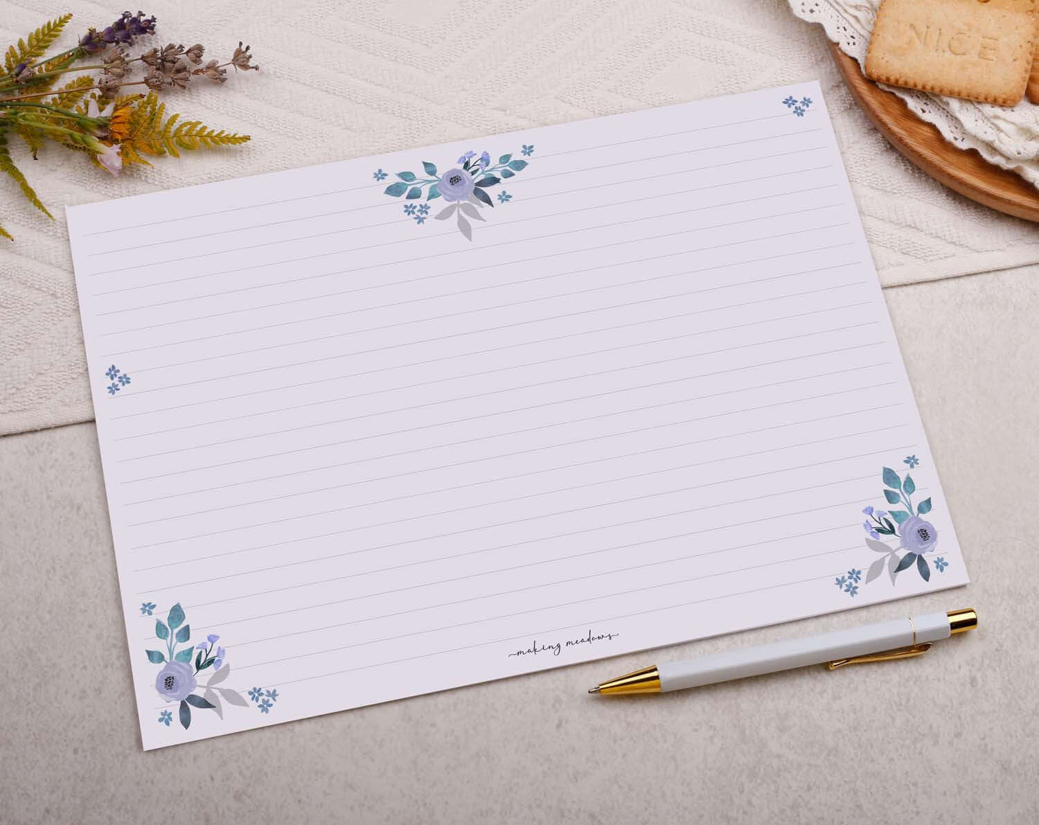 A4 origami writing paper with blue flowers designed by Making Meadows