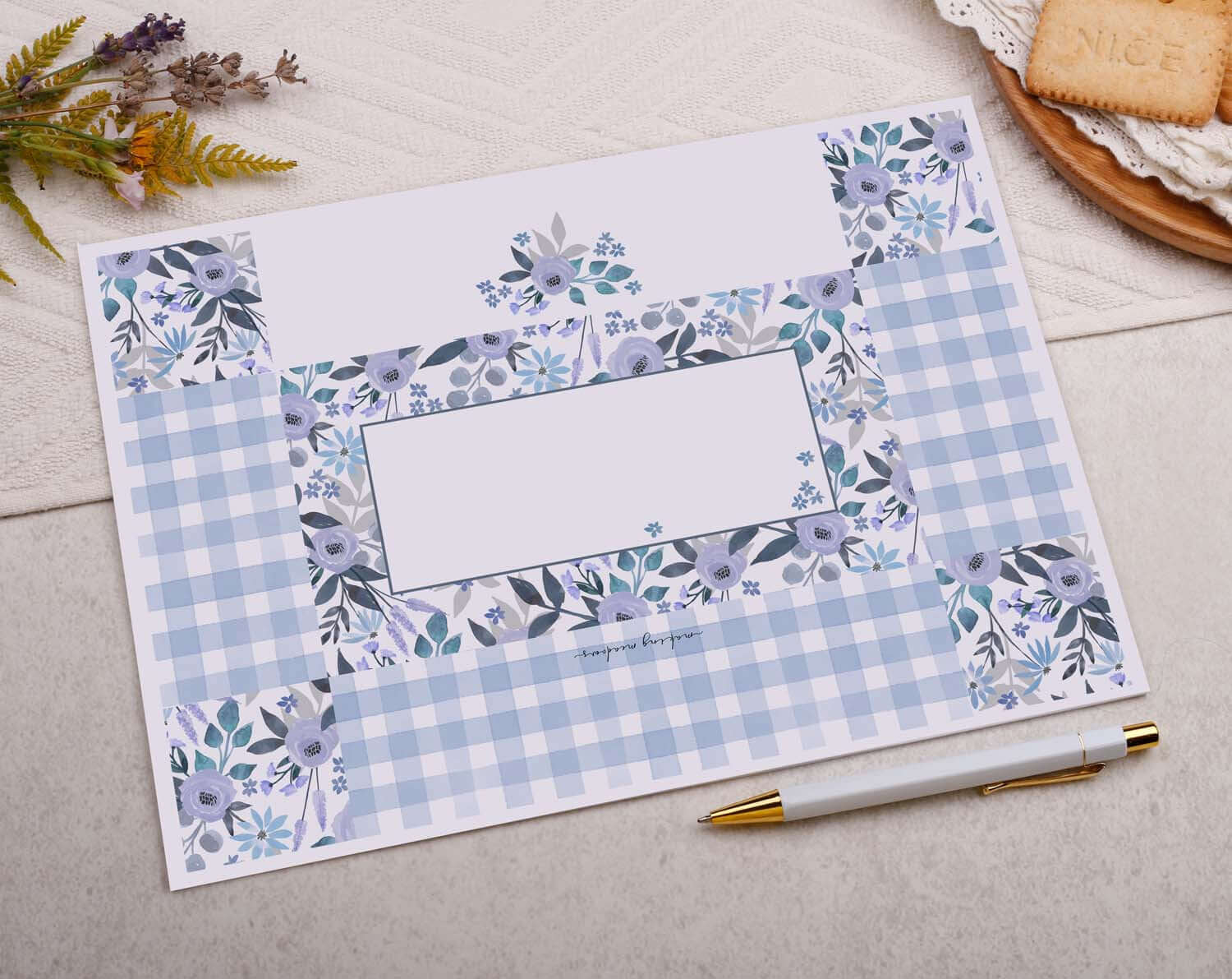 A4 origami writing paper with blue flowers designed by Making Meadows