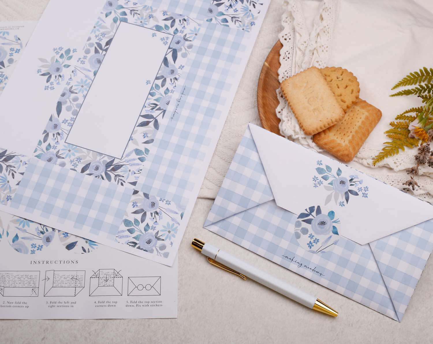 A4 origami writing paper with blue flowers designed by Making Meadows