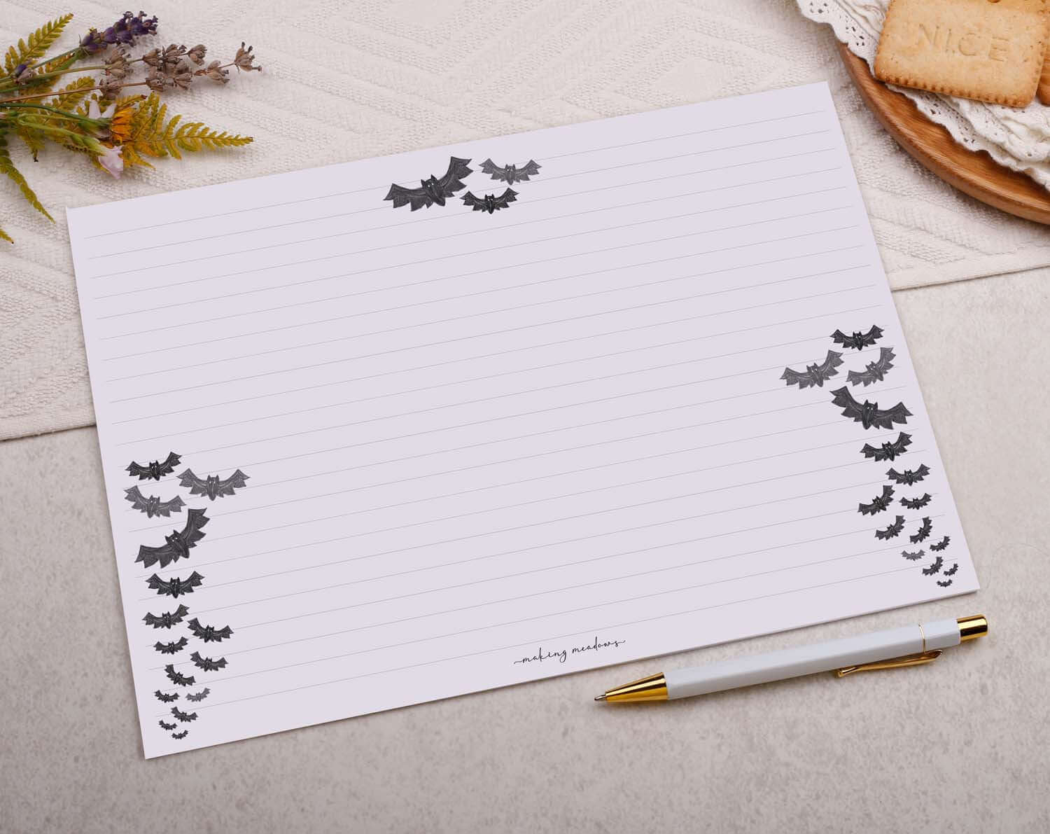 A4 origami writing paper with gothic bats designed by Making Meadows