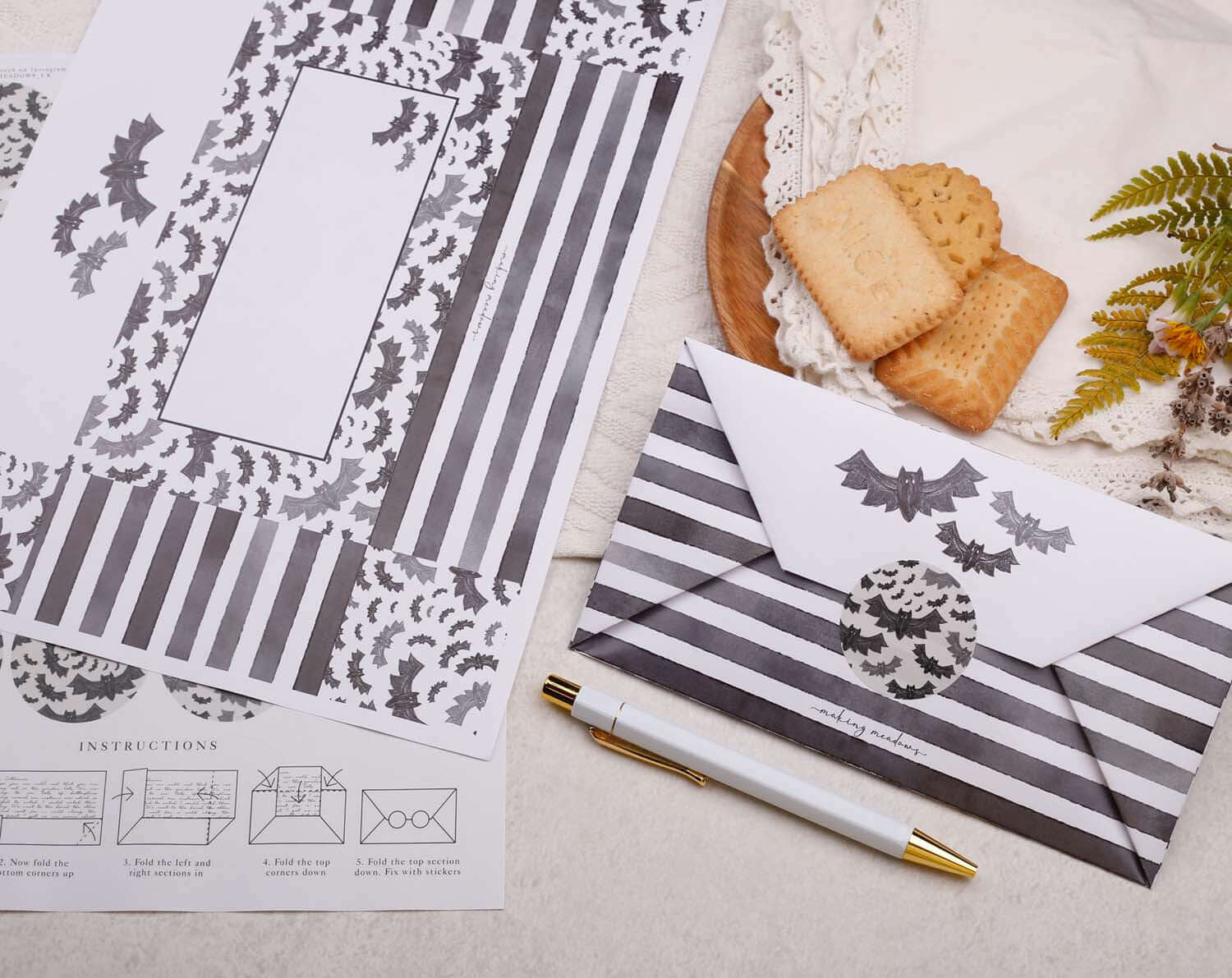 A4 origami writing paper with gothic bats designed by Making Meadows