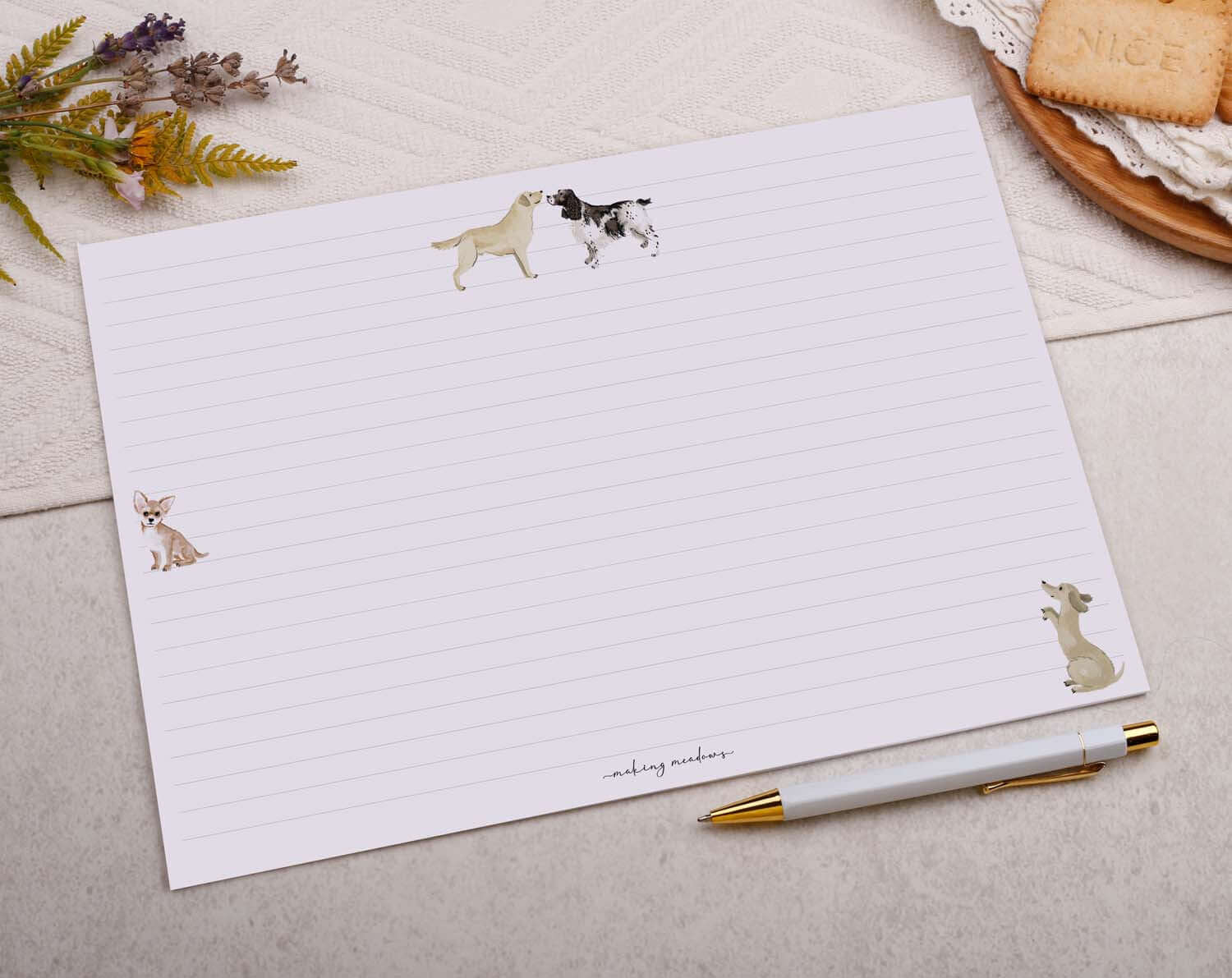 A4 origami writing paper with pink dog designed by Making Meadows