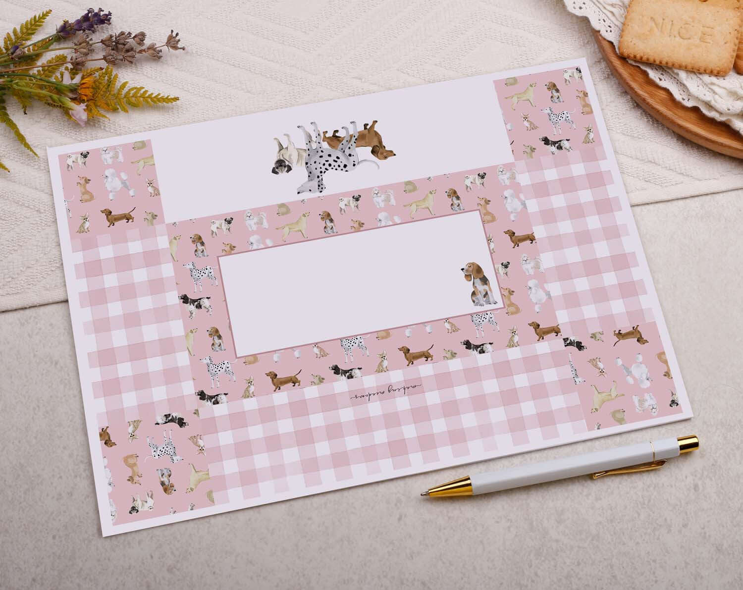 A4 origami writing paper with pink dog designed by Making Meadows