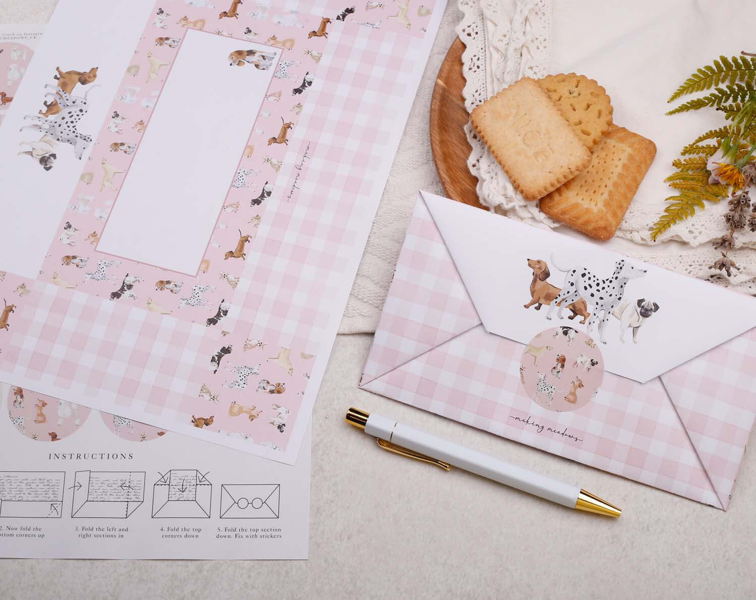 A4 origami writing paper with pink dog designed by Making Meadows