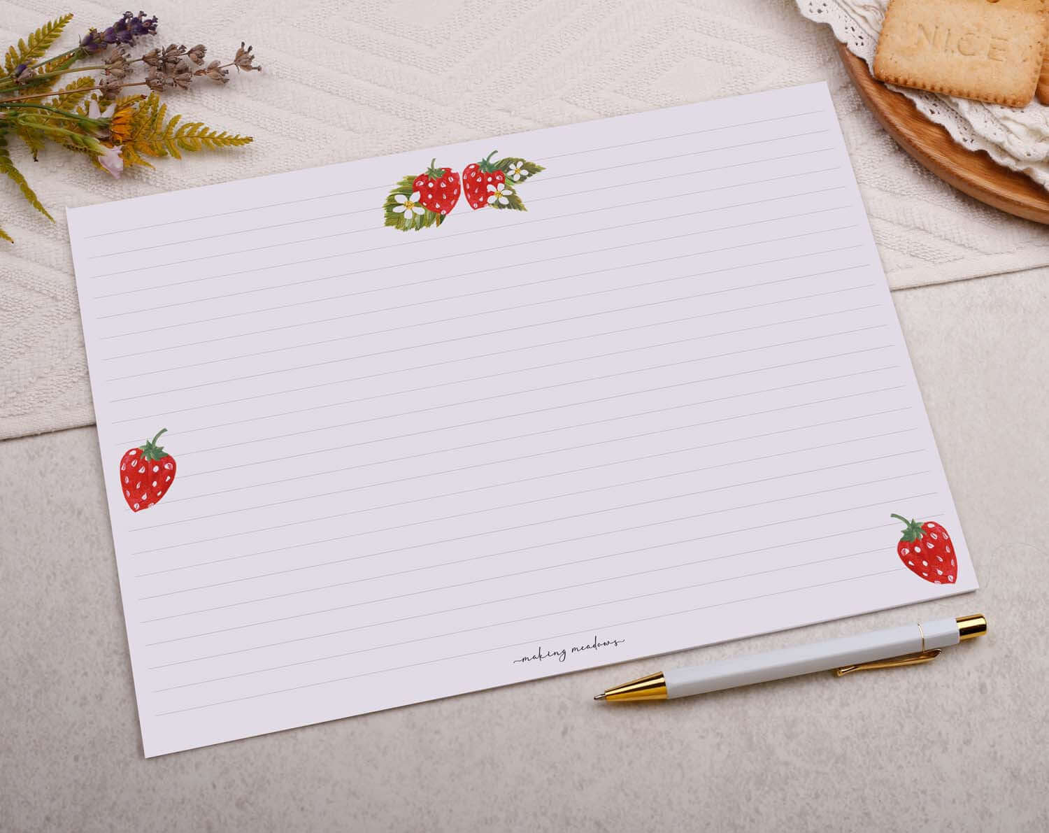 A4 origami writing paper with strawberries designed by Making Meadows
