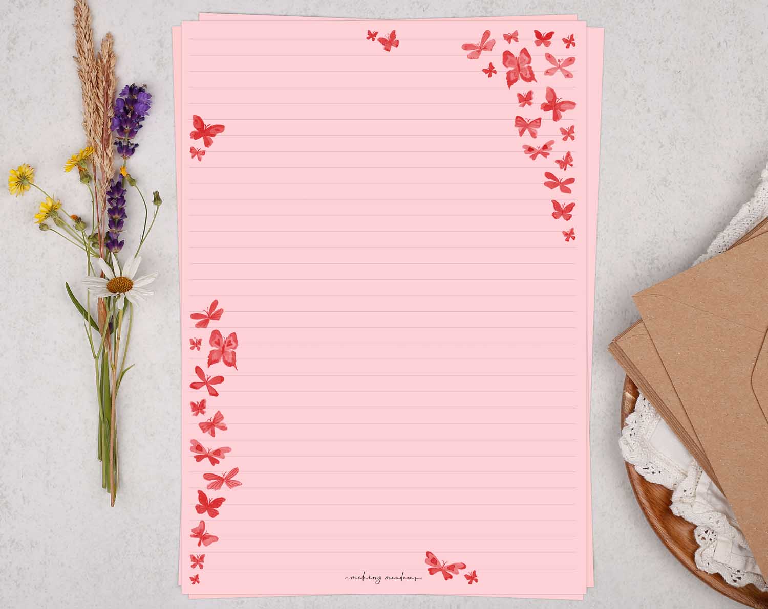 A4 pink writing paper with beautiful butterflies. Stationery designed by Making Meadows