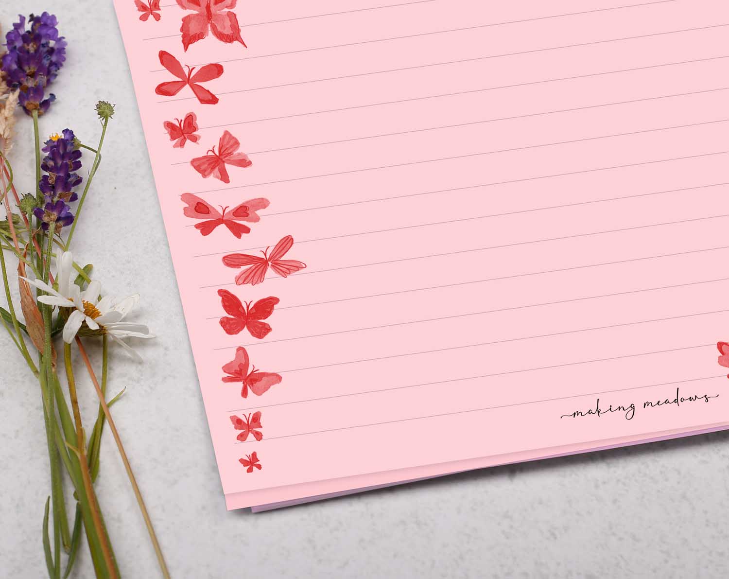 A4 pink writing paper with beautiful butterflies. Stationery designed by Making Meadows