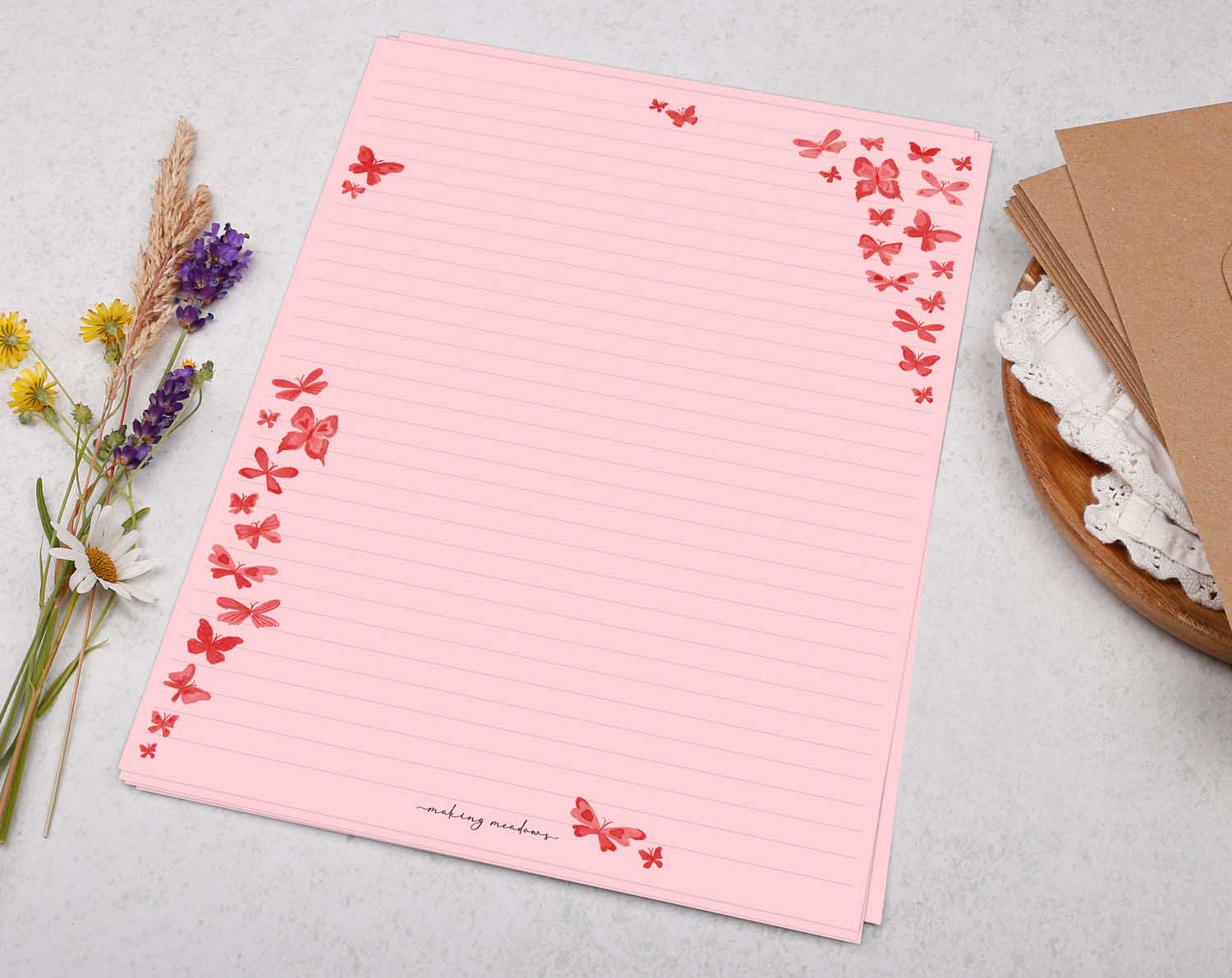 A4 pink writing paper with beautiful butterflies. Stationery designed by Making Meadows