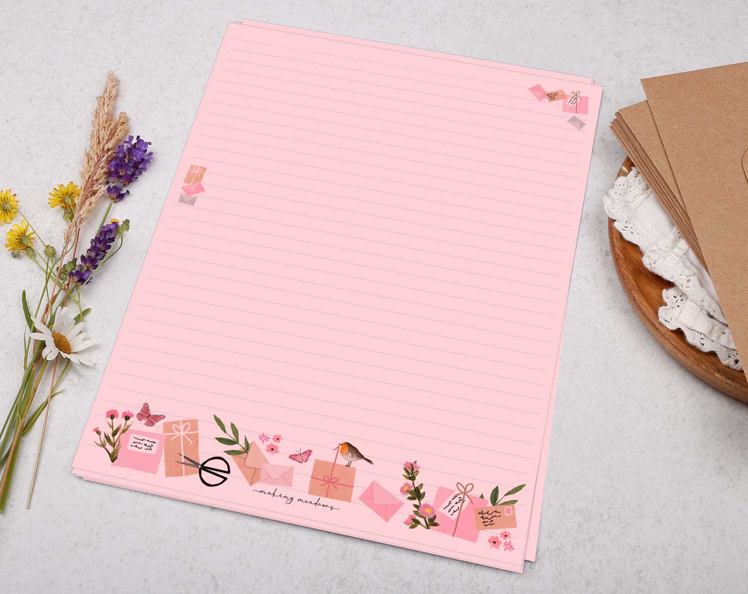 A4 pink writing paper with bird & butterfly. Stationery designed by Making Meadows