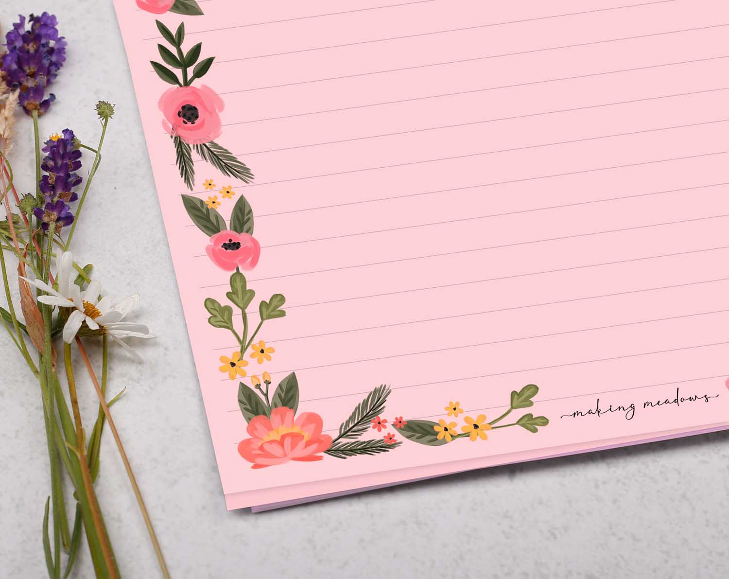 A4 pink writing paper with floral border. Stationery designed by Making Meadows