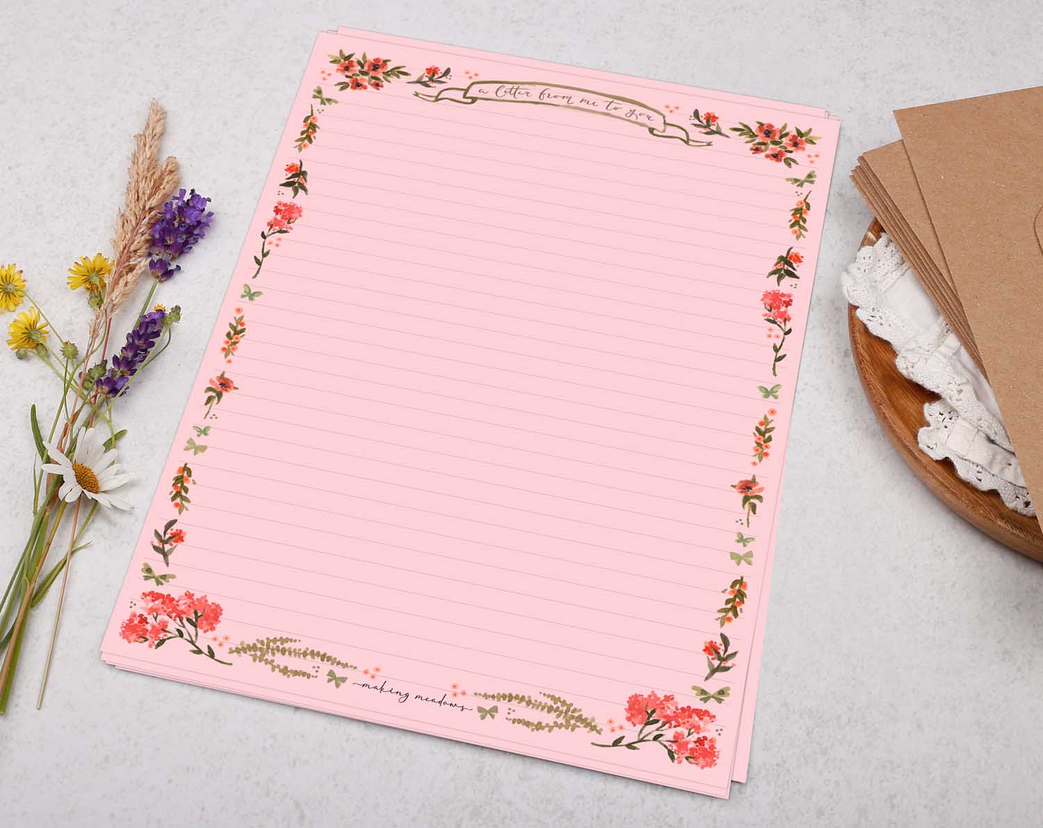 A4 pink writing paper with flower border. Stationery designed by Making Meadows