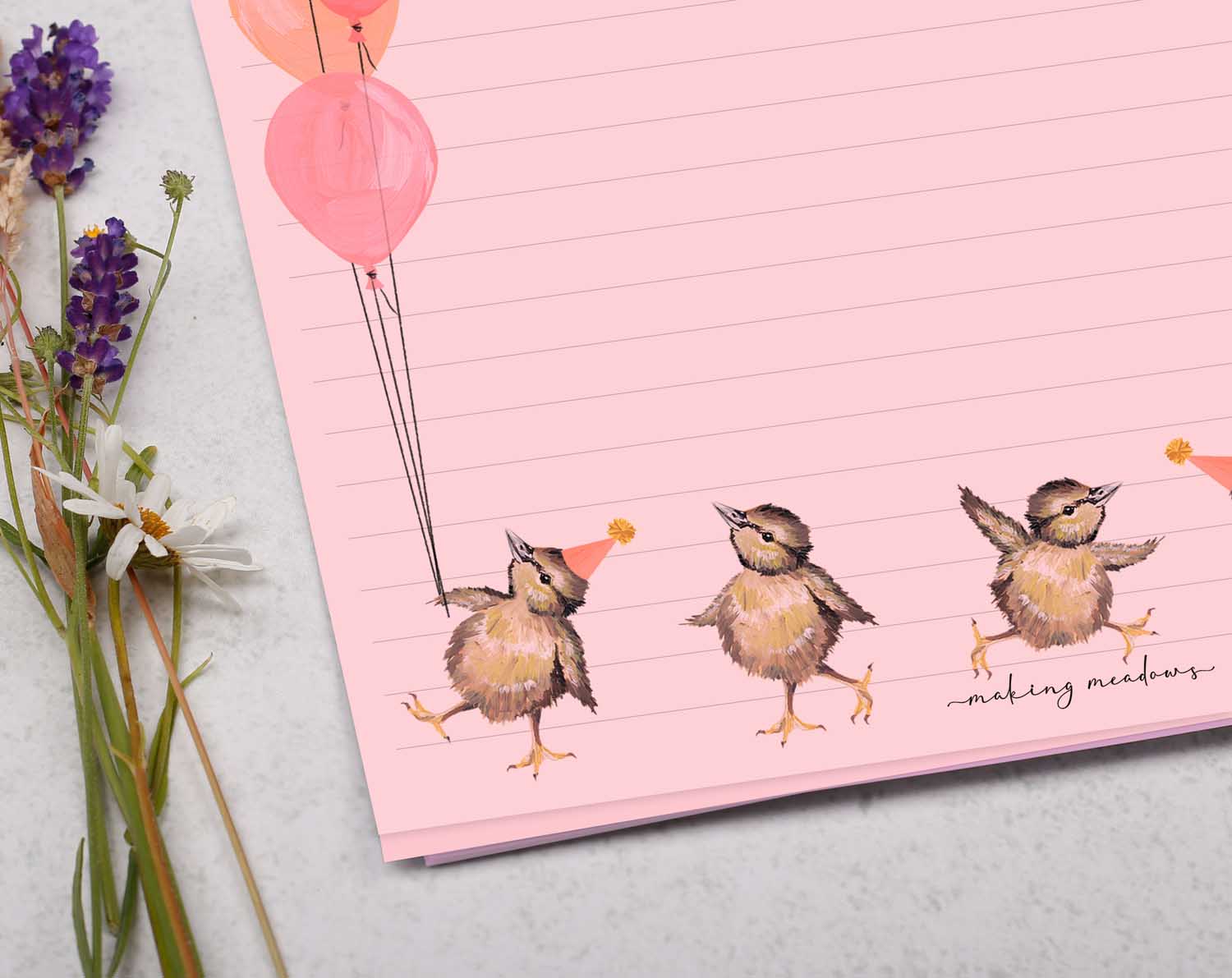 A4 pink writing paper with happy birthday chicks. Stationery designed by Making Meadows