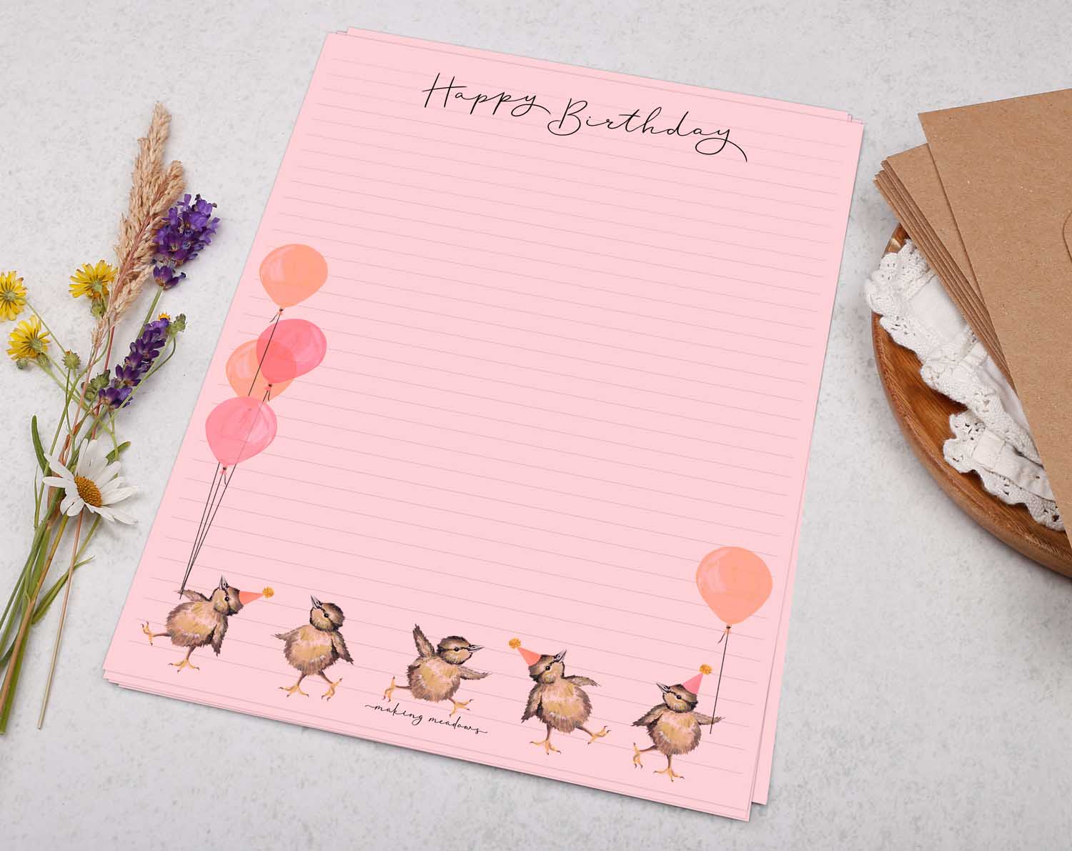 A4 pink writing paper with happy birthday chicks. Stationery designed by Making Meadows