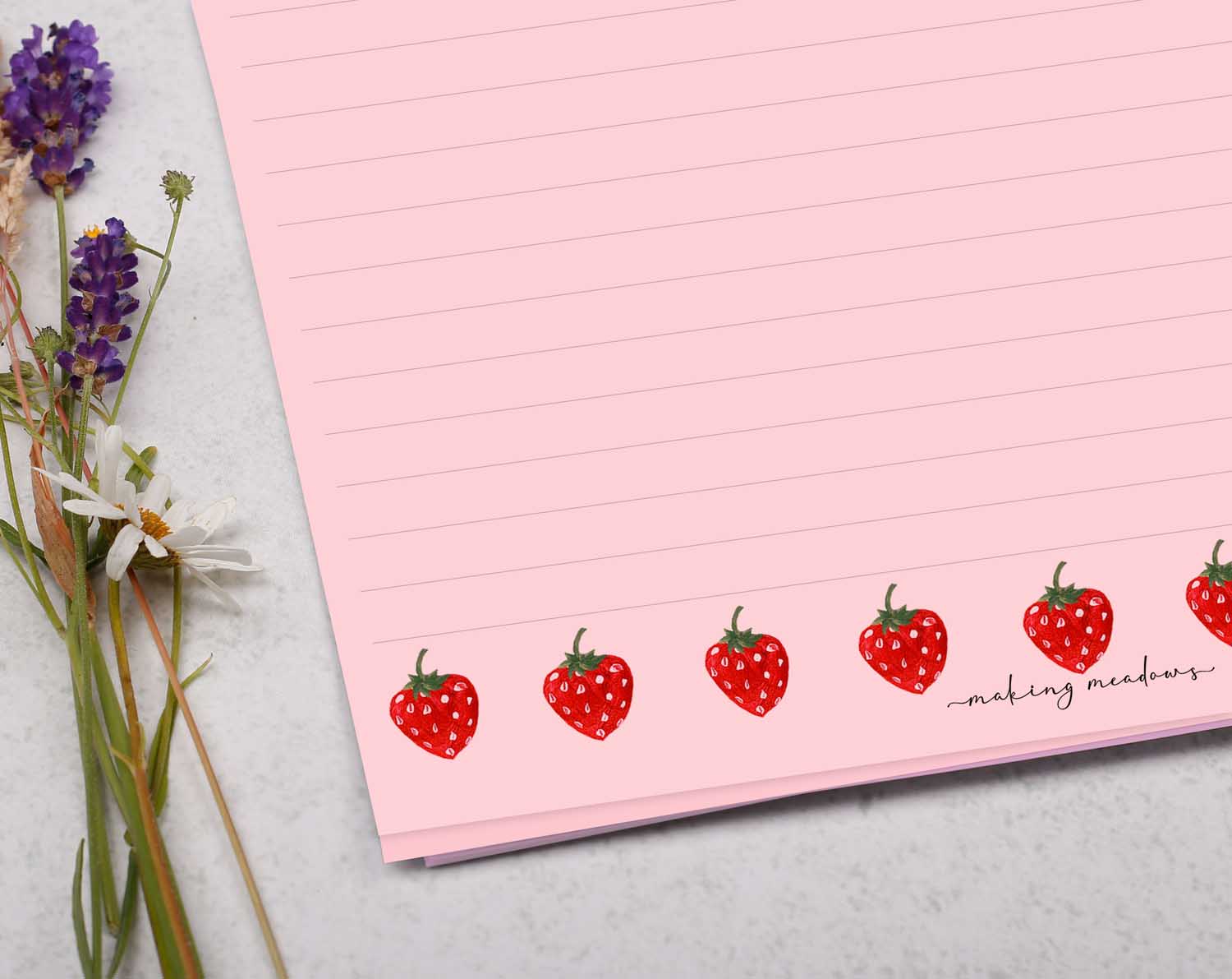 A4 pink writing paper with strawberry border. Stationery designed by Making Meadows