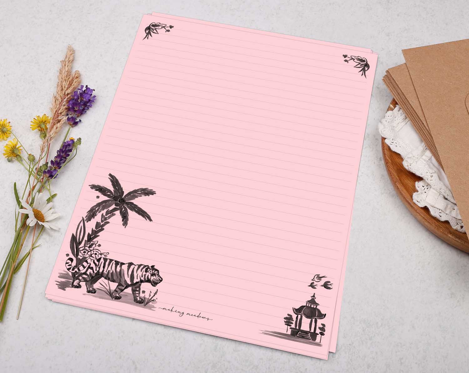 A4 pink writing paper with tropical tiger. Stationery designed by Making Meadows