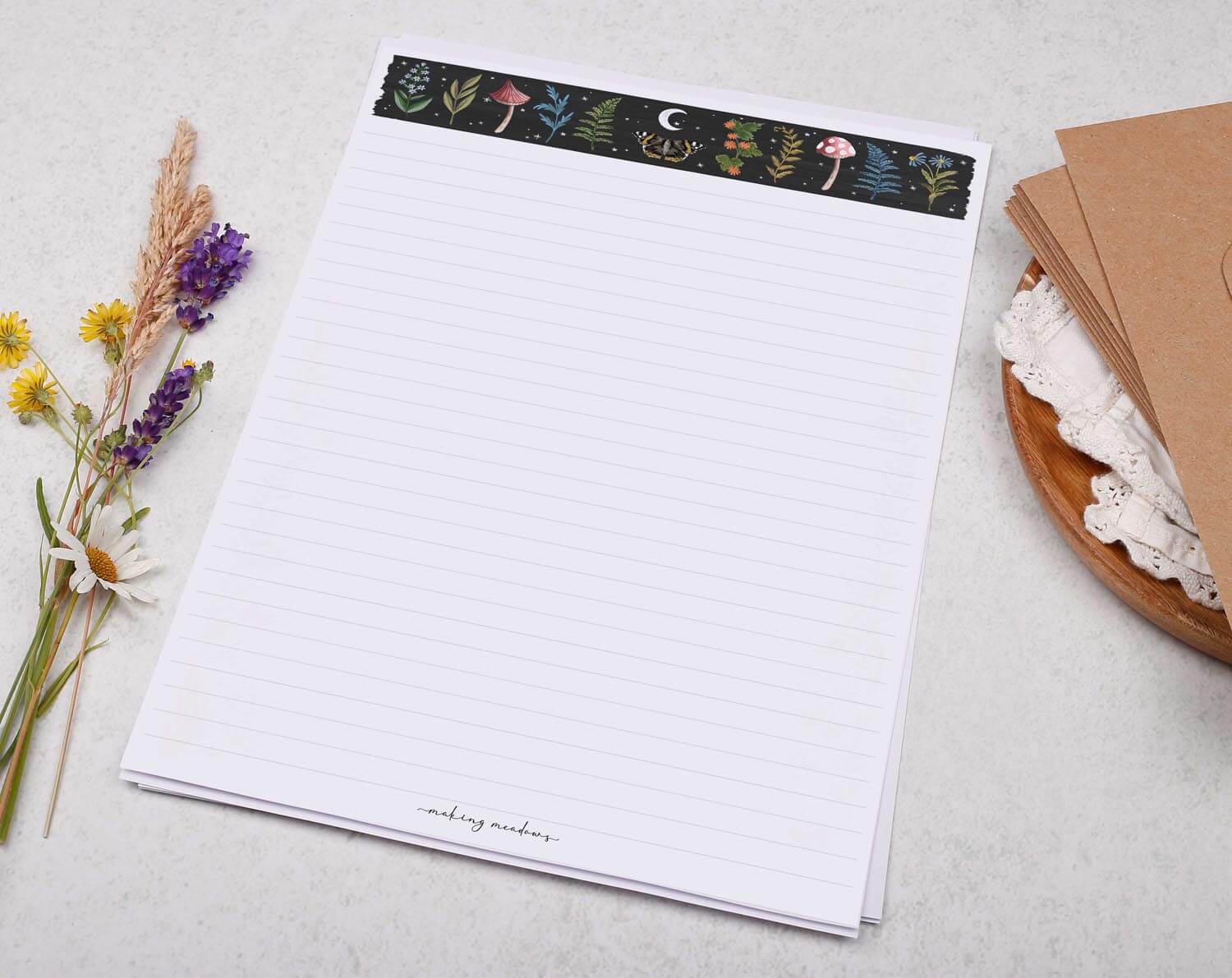 A4 writing paper with Celestial Mushrooms & Ferns. Stationery designed by Making Meadows