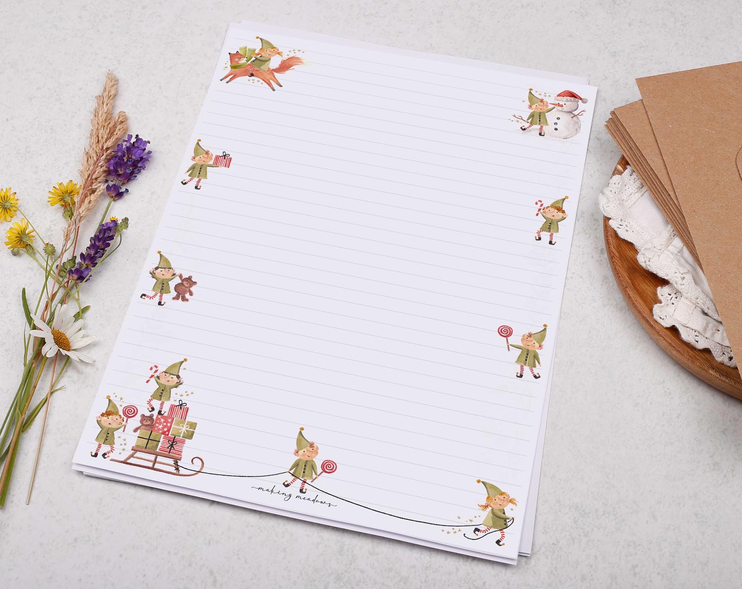 A4 writing paper with Christmas Elves. Stationery designed by Making Meadows