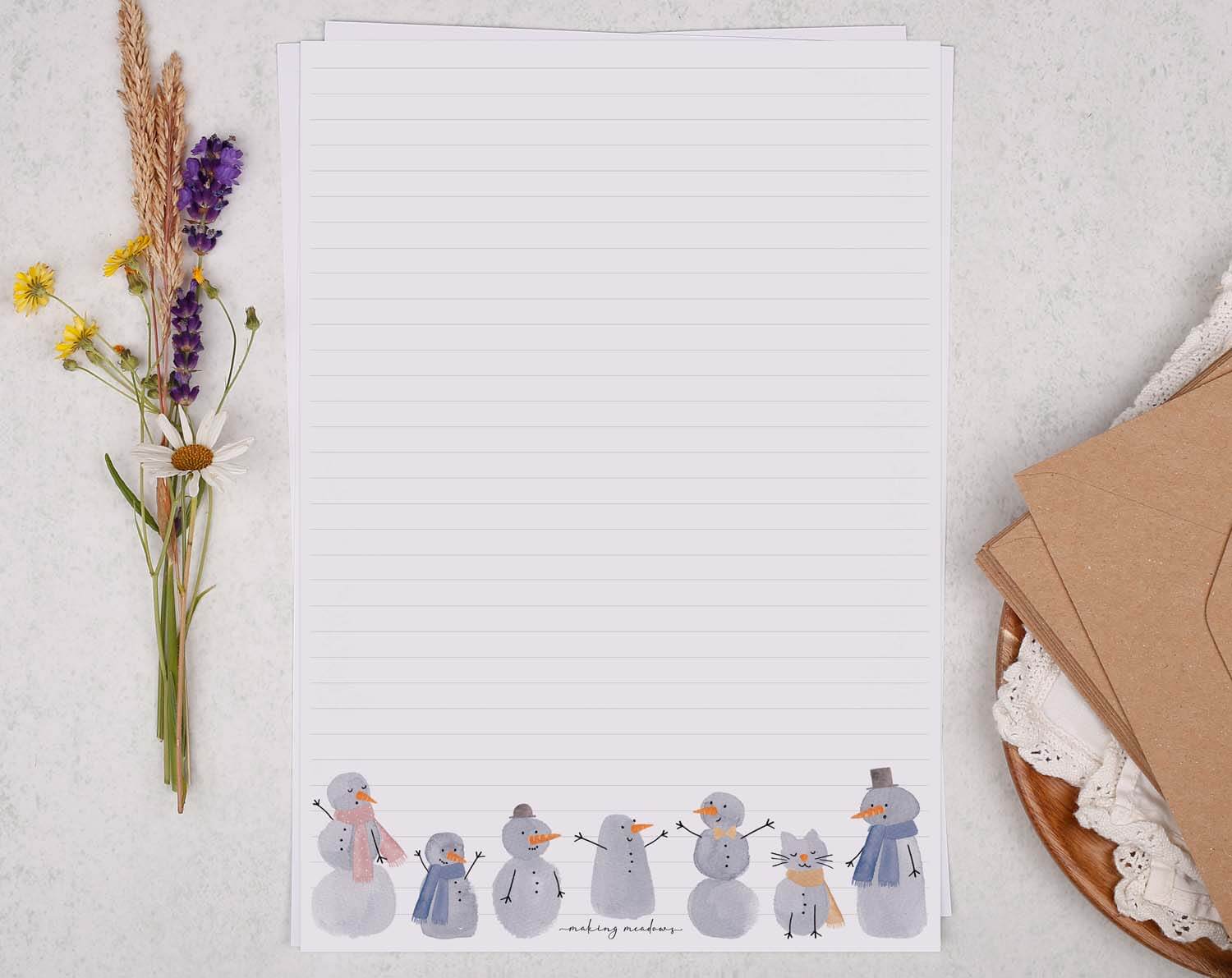 A4 writing paper with Christmas Snowman featuring hand-painted snowmen and a winter cat at the bottom.