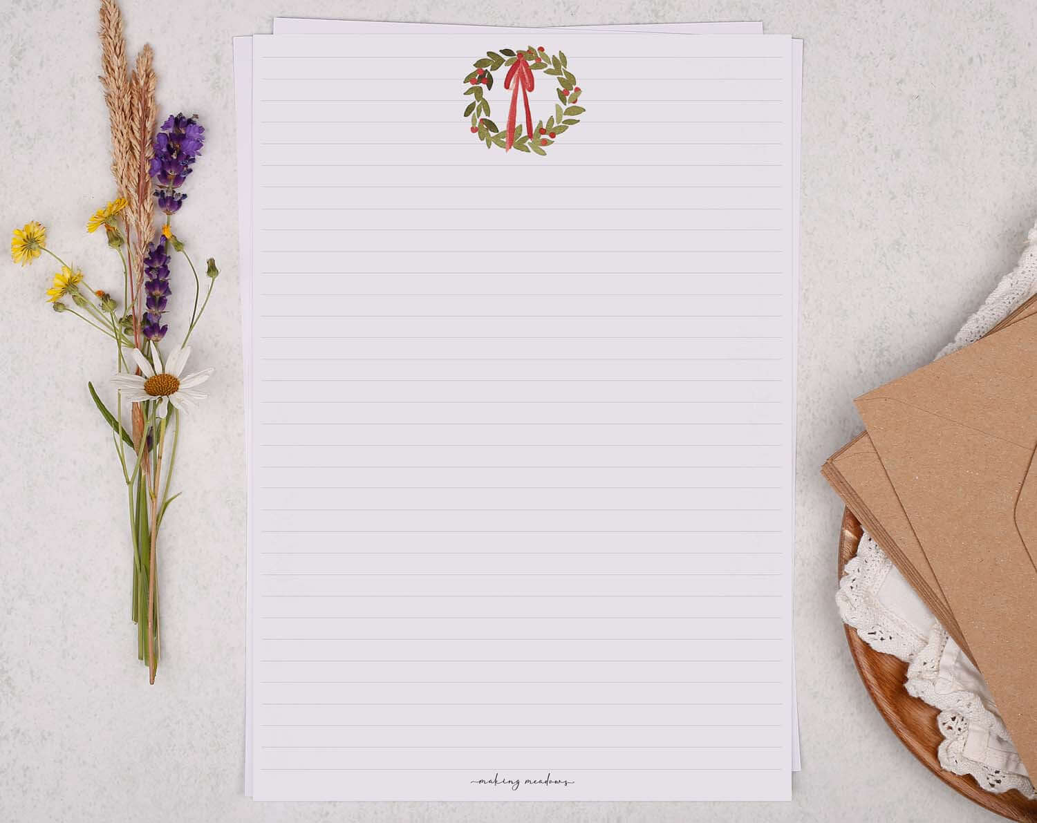 A4 writing paper with Festive Wreath featuring a holiday-themed design and elegant layout for Christmas letters.