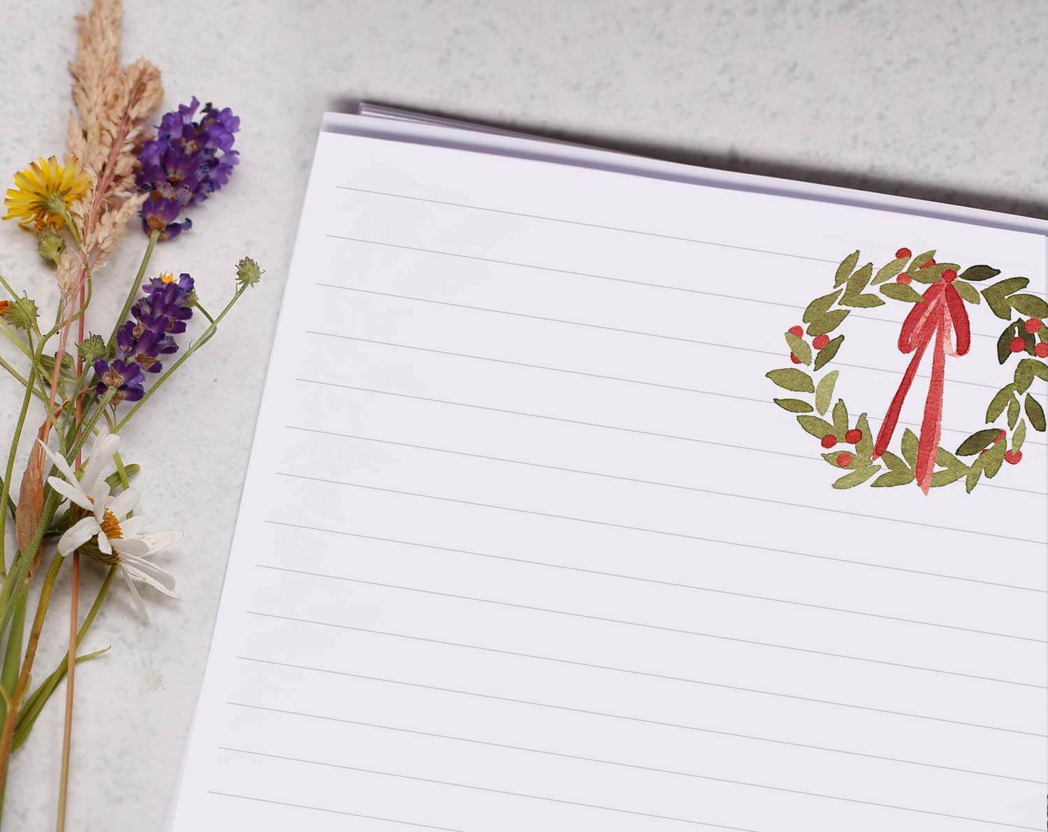 A4 writing paper with Festive Wreath featuring holiday-themed design and lined sections, perfect for Christmas letters.