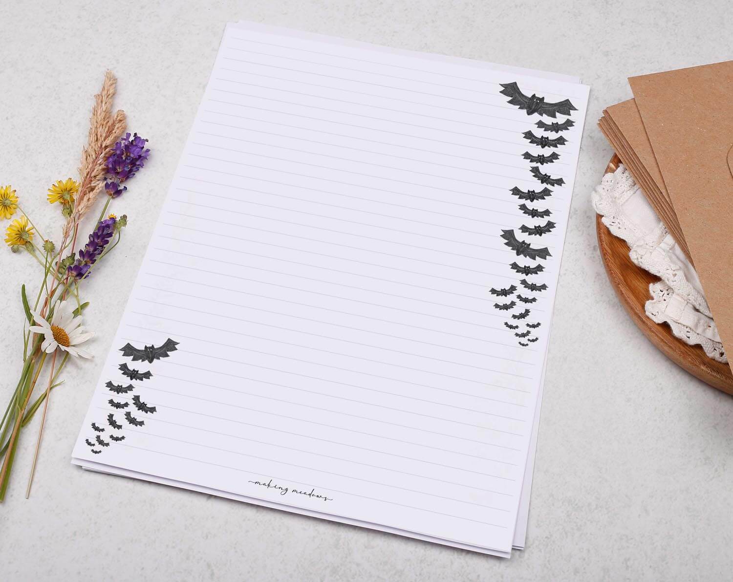 A4 writing paper with Halloween Bats. Stationery designed by Making Meadows
