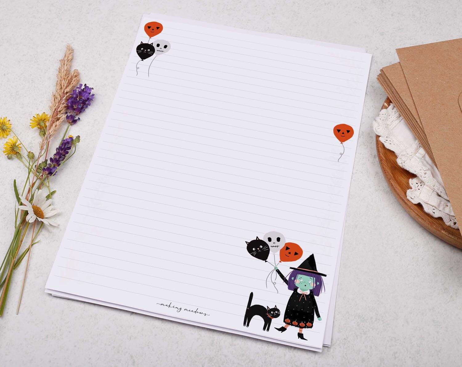 A4 writing paper with Halloween Witch. Stationery designed by Making Meadows
