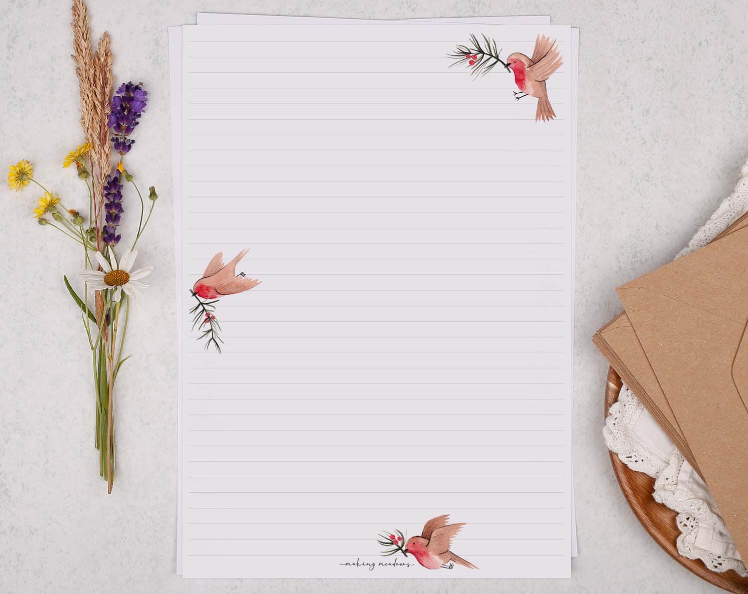 A4 writing paper with Robin featuring hand-painted robins and lined sections, perfect for Christmas letters.