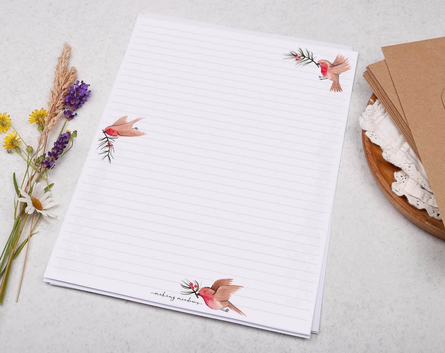 A4 writing paper with Robin featuring hand-painted robins and lined design, perfect for festive letters.