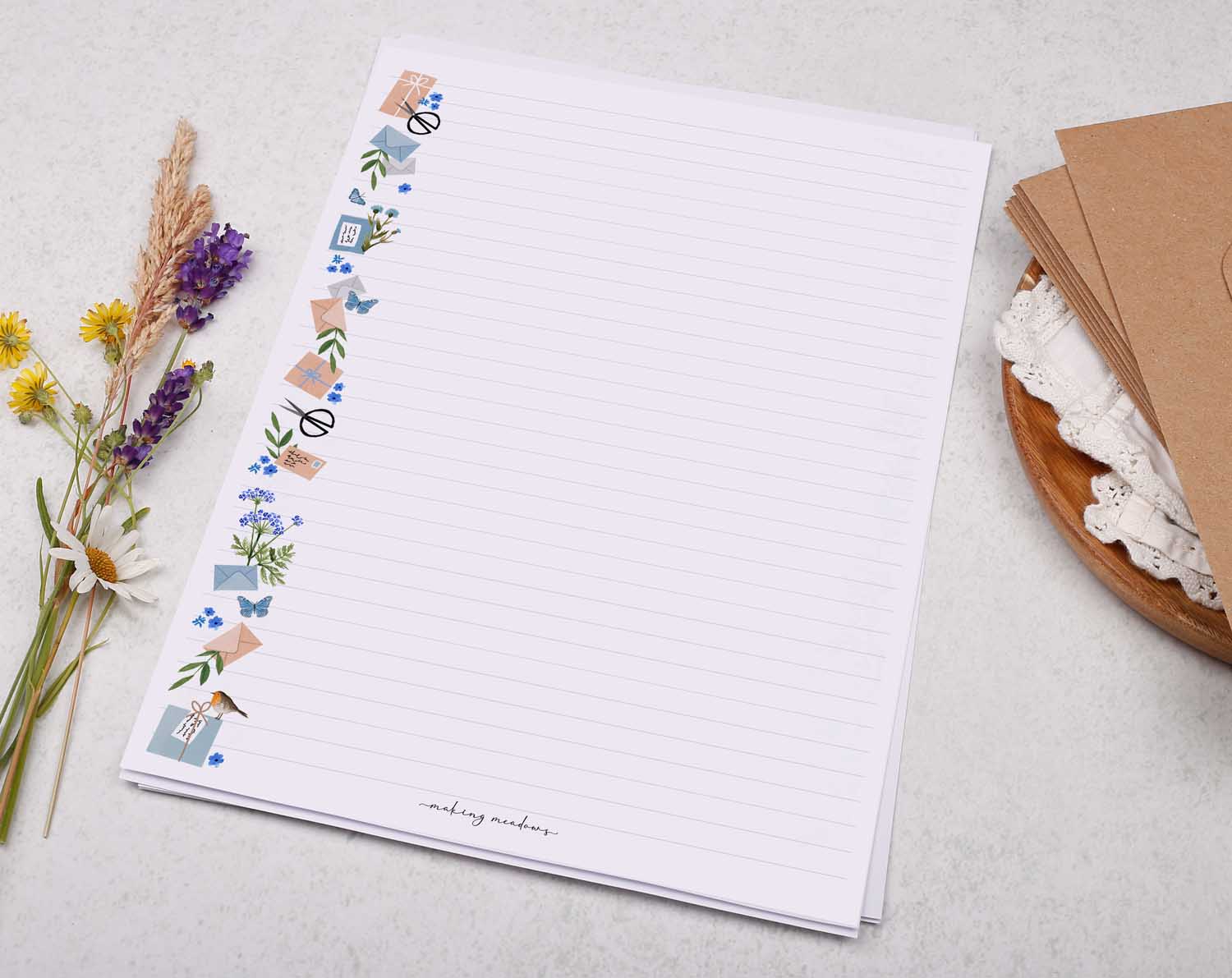 A4 writing paper with blue floral post border. Stationery designed by Making Meadows
