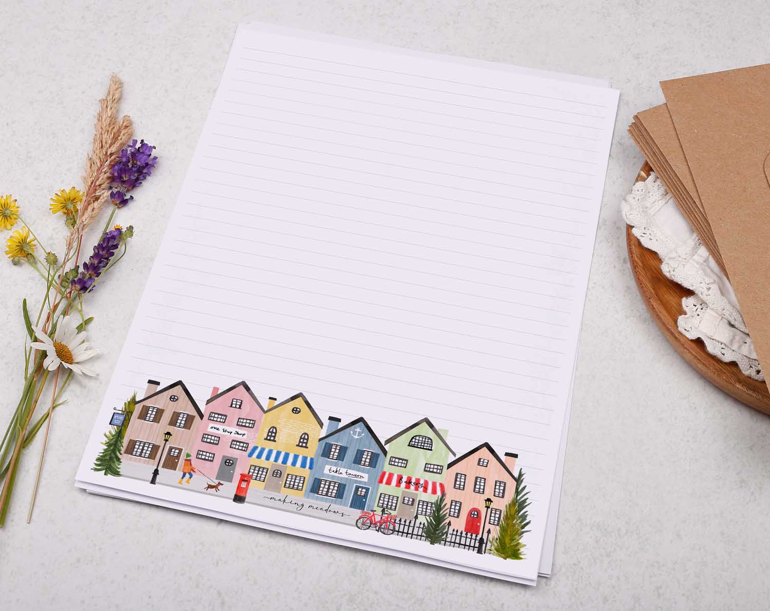 A4 writing paper with colourful houses. Stationery designed by Making Meadows