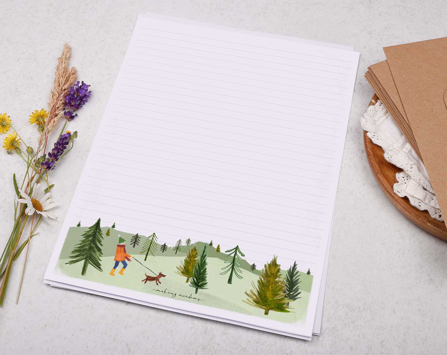A4 writing paper with dog walker. Stationery designed by Making Meadows