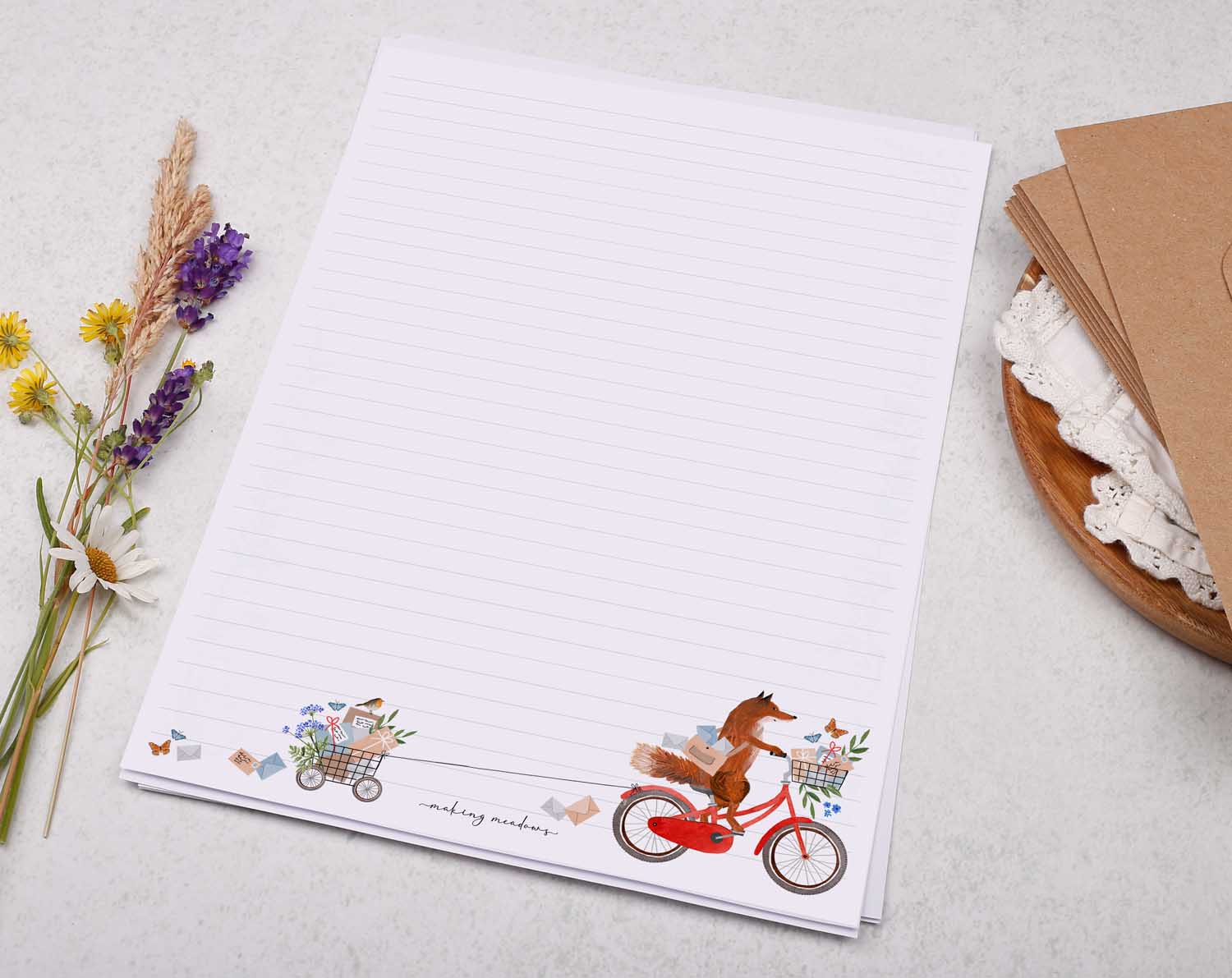 A4 writing paper with fox on bike. Stationery designed by Making Meadows