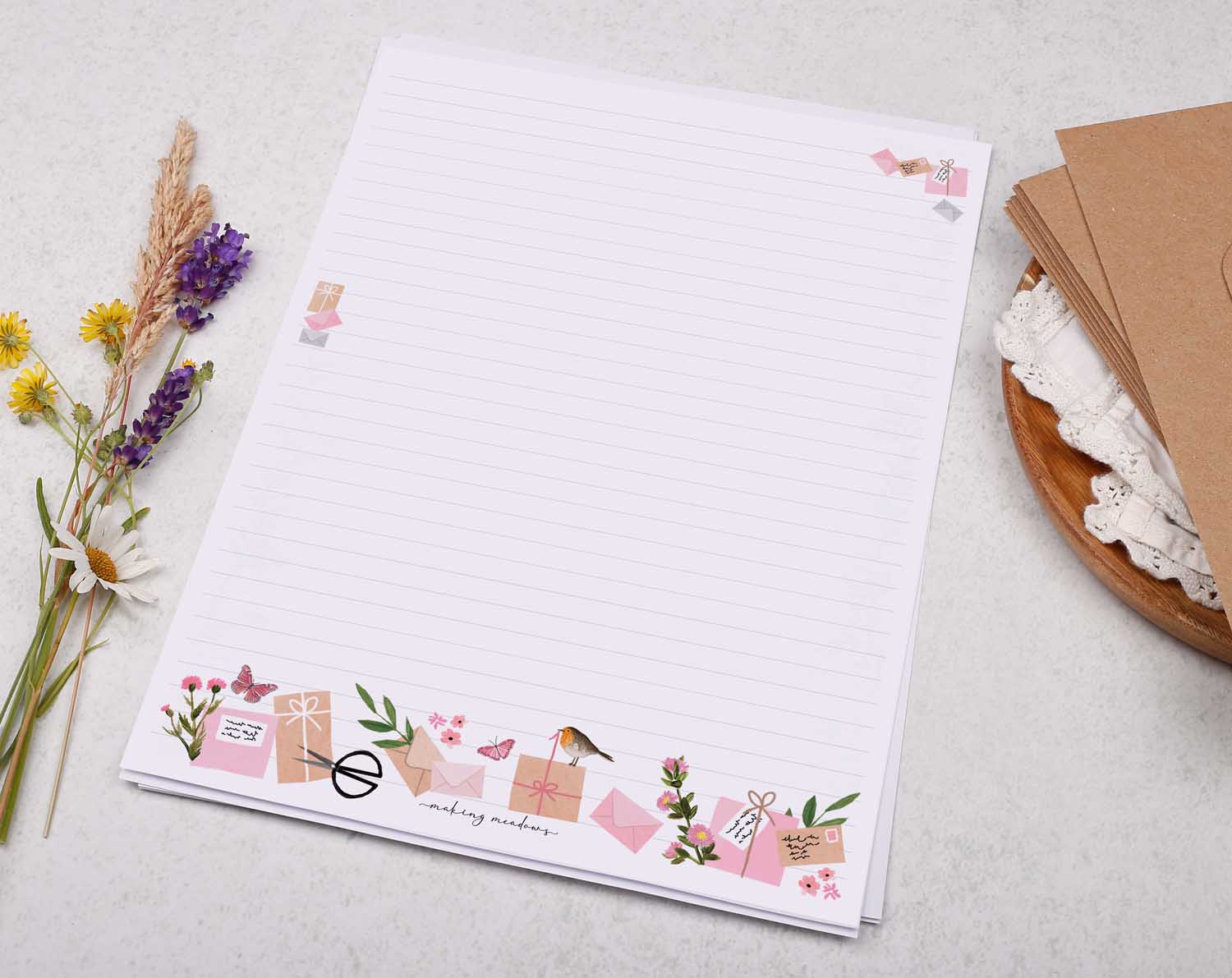 A4 writing paper with pink floral post border. Stationery designed by Making Meadows