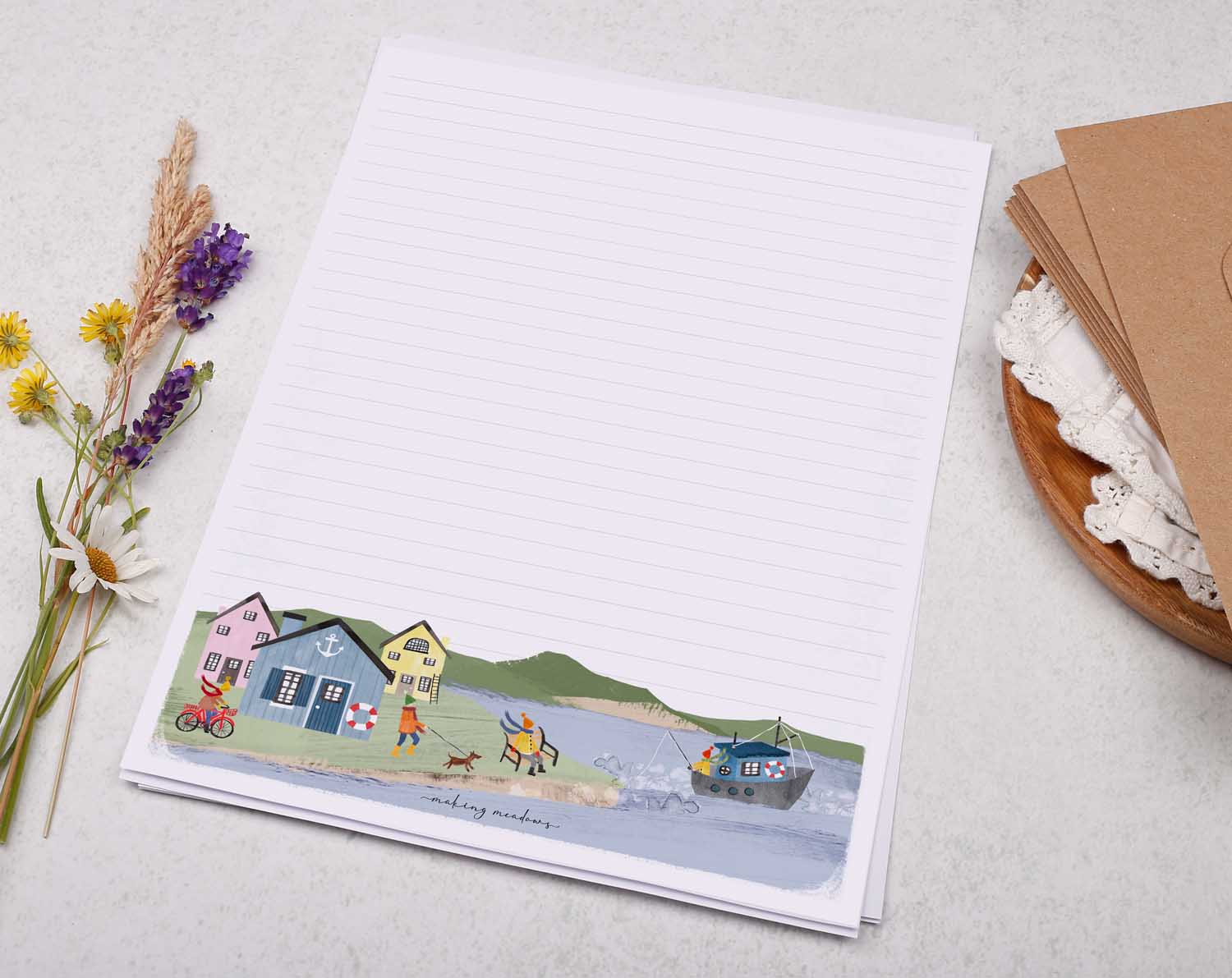A4 writing paper with seaside town. Stationery designed by Making Meadows