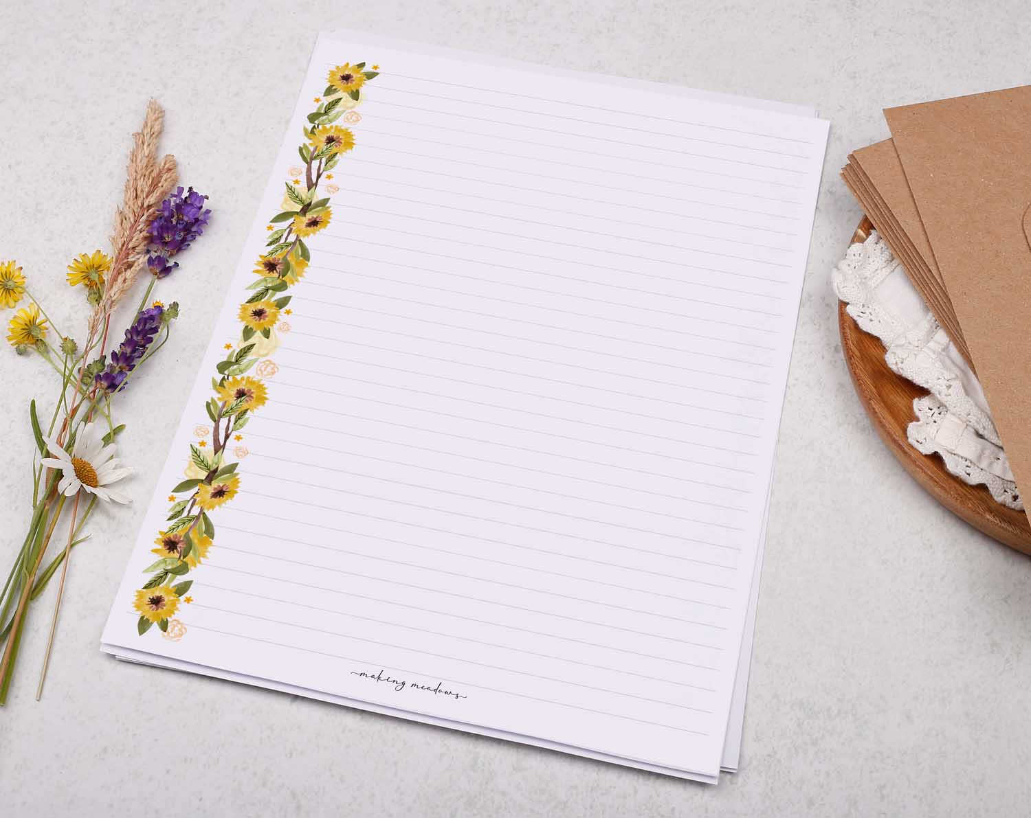 A4 writing paper with sunflower border. Stationery designed by Making Meadows