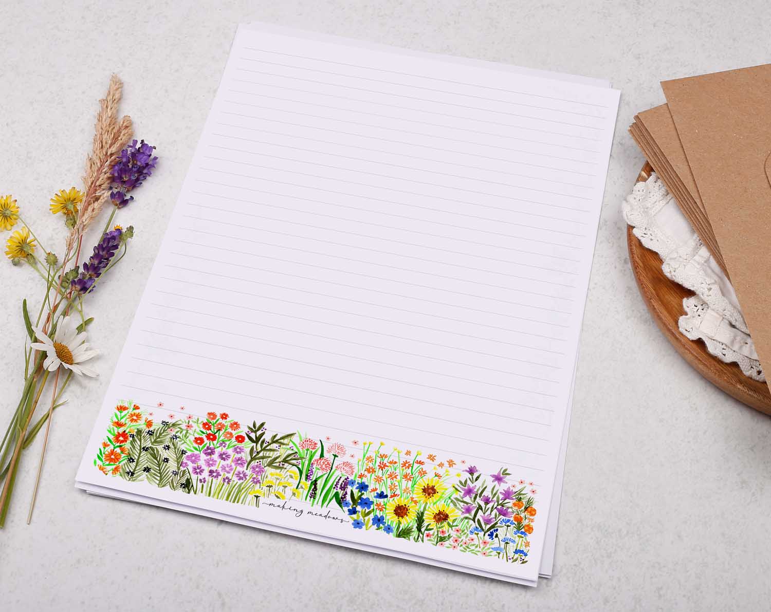 A4 writing paper with watercolour flower garden. Stationery designed by Making Meadows