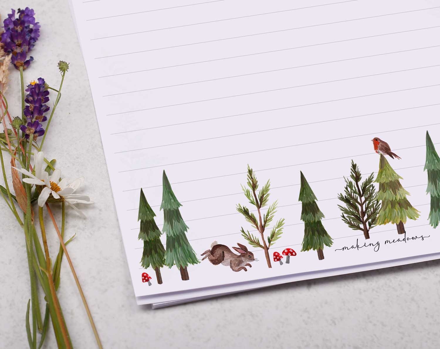 A4 writing paper with woodland animals. Stationery designed by Making Meadows