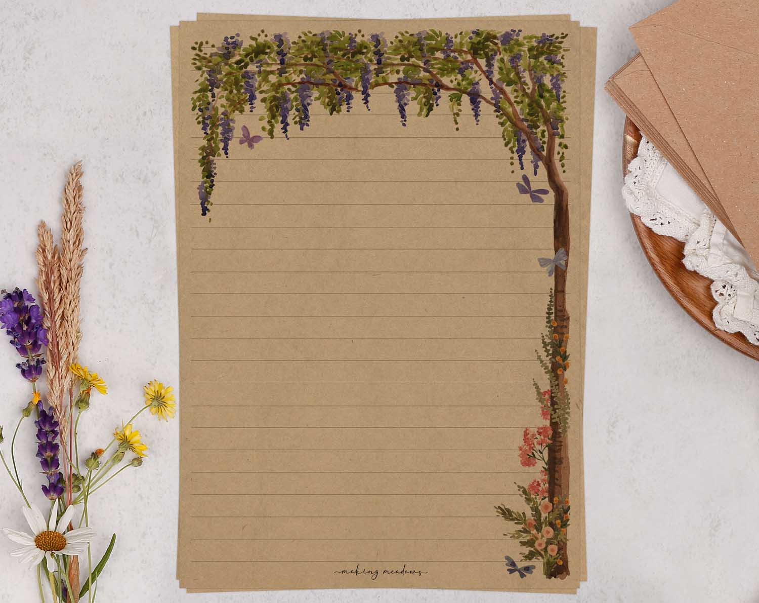 A5 Kraft letter writing paper sheets with a beautiful wisteria design.