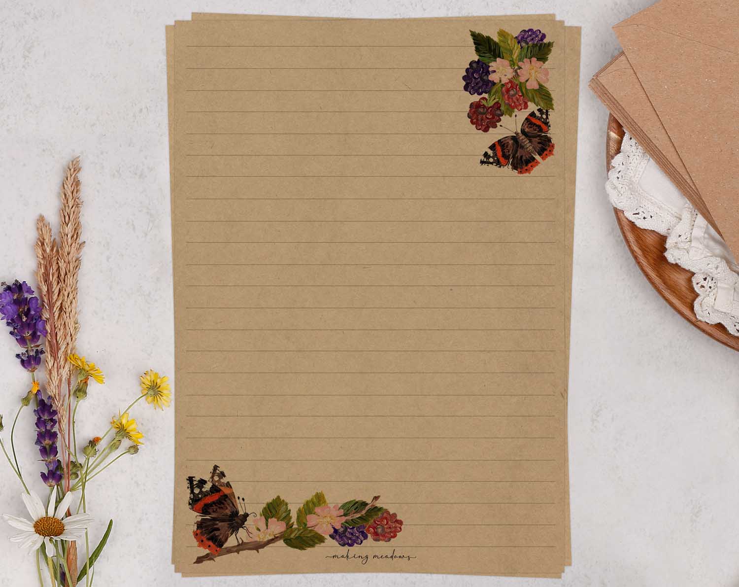 A5 Kraft letter writing paper sheets with a pretty butterfly design.