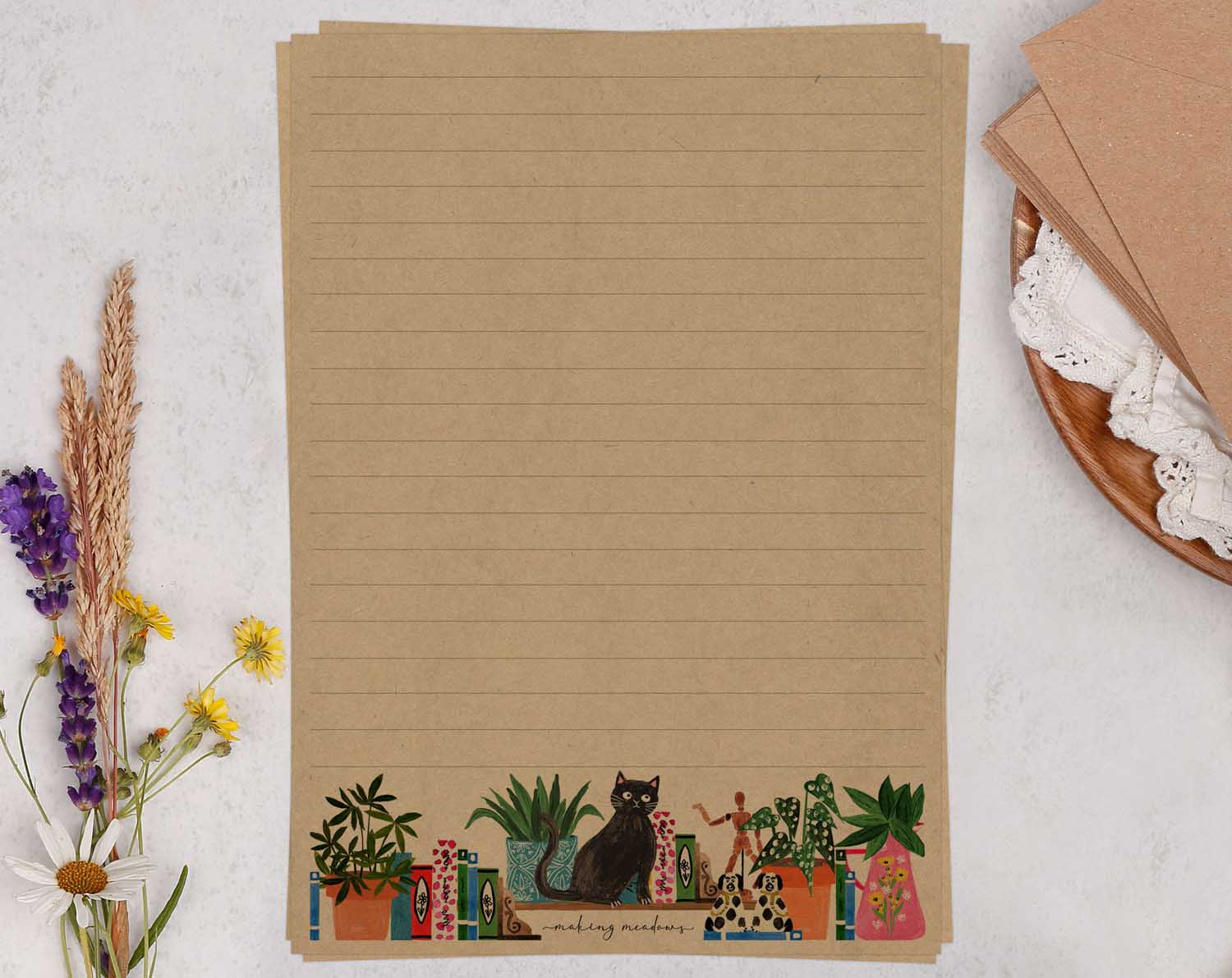 A5 Kraft letter writing paper sheets with books on bookshelf and a cat design.