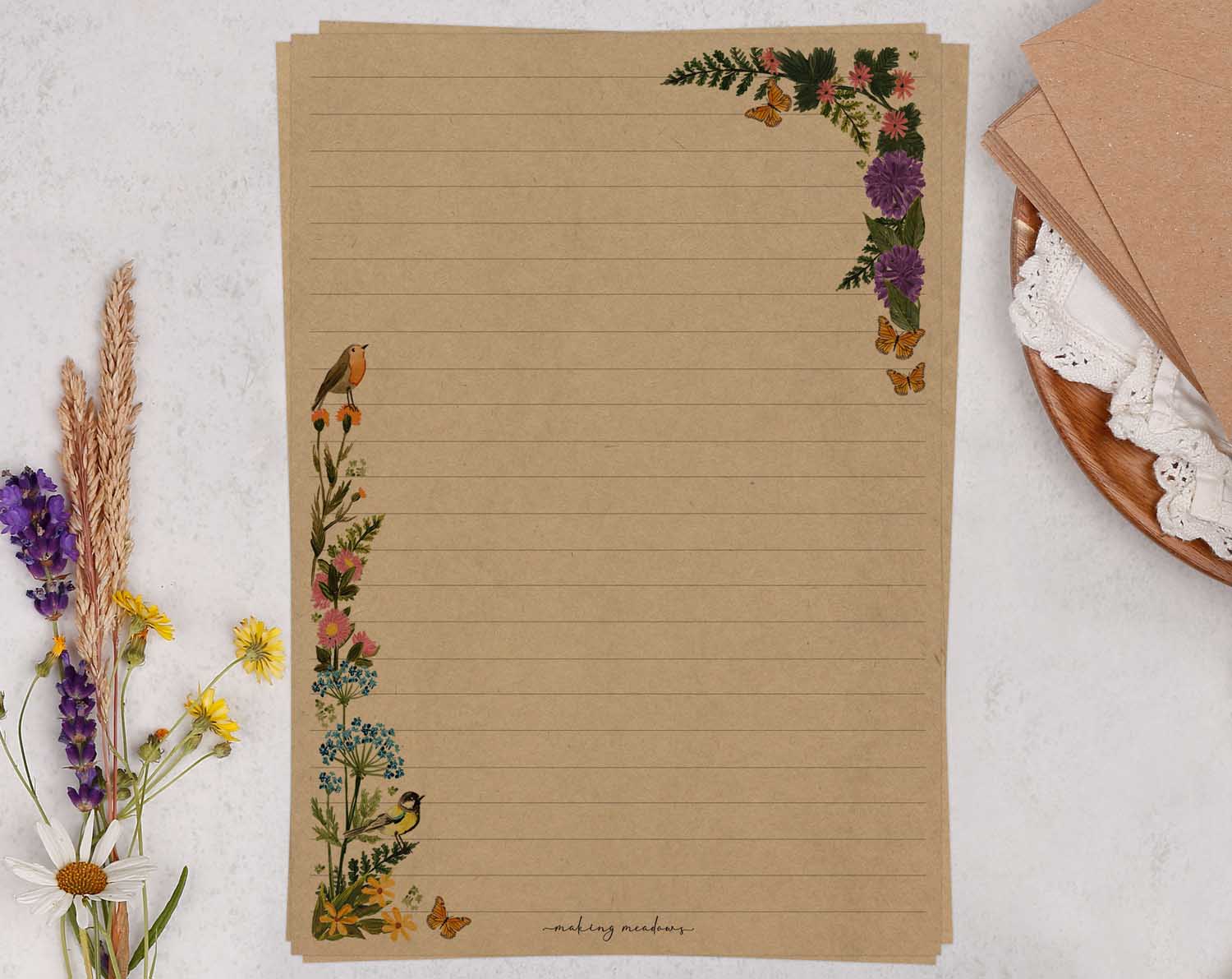A5 Kraft letter writing paper sheets with meadow flower design. 