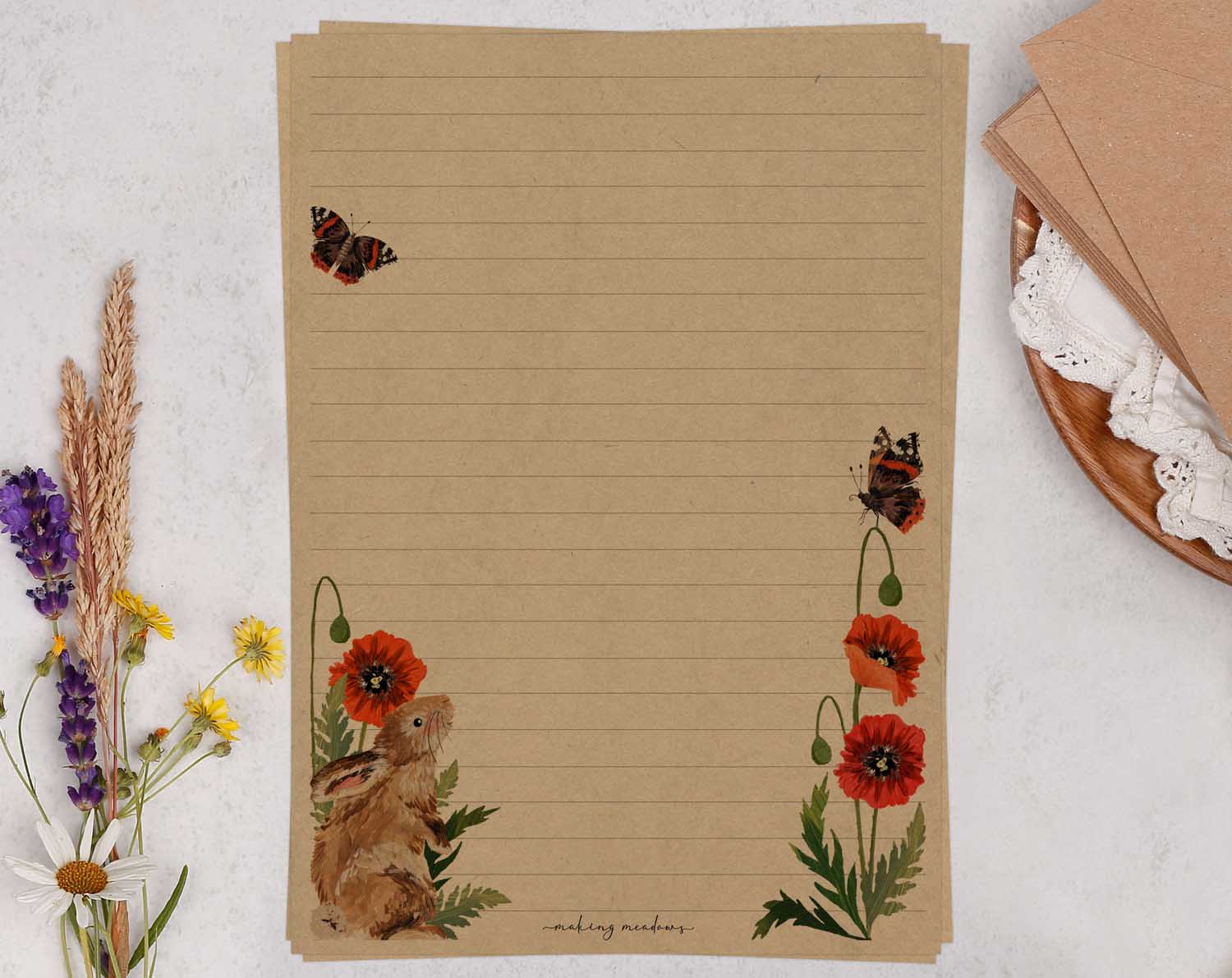 A5 Kraft letter writing paper sheets with rabbit and poppy flower design. 