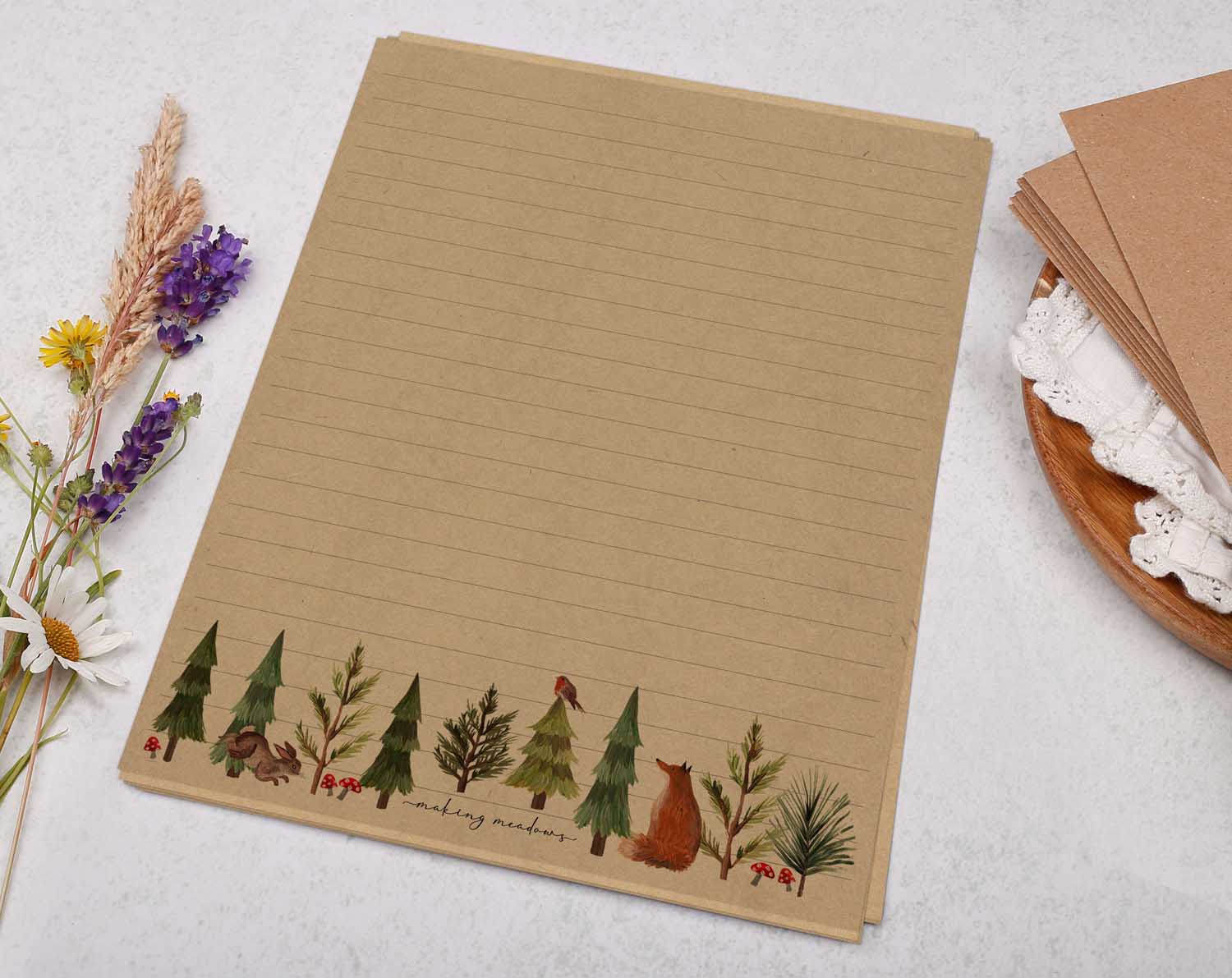 A5 Kraft letter writing paper sheets with a woodland animal design.