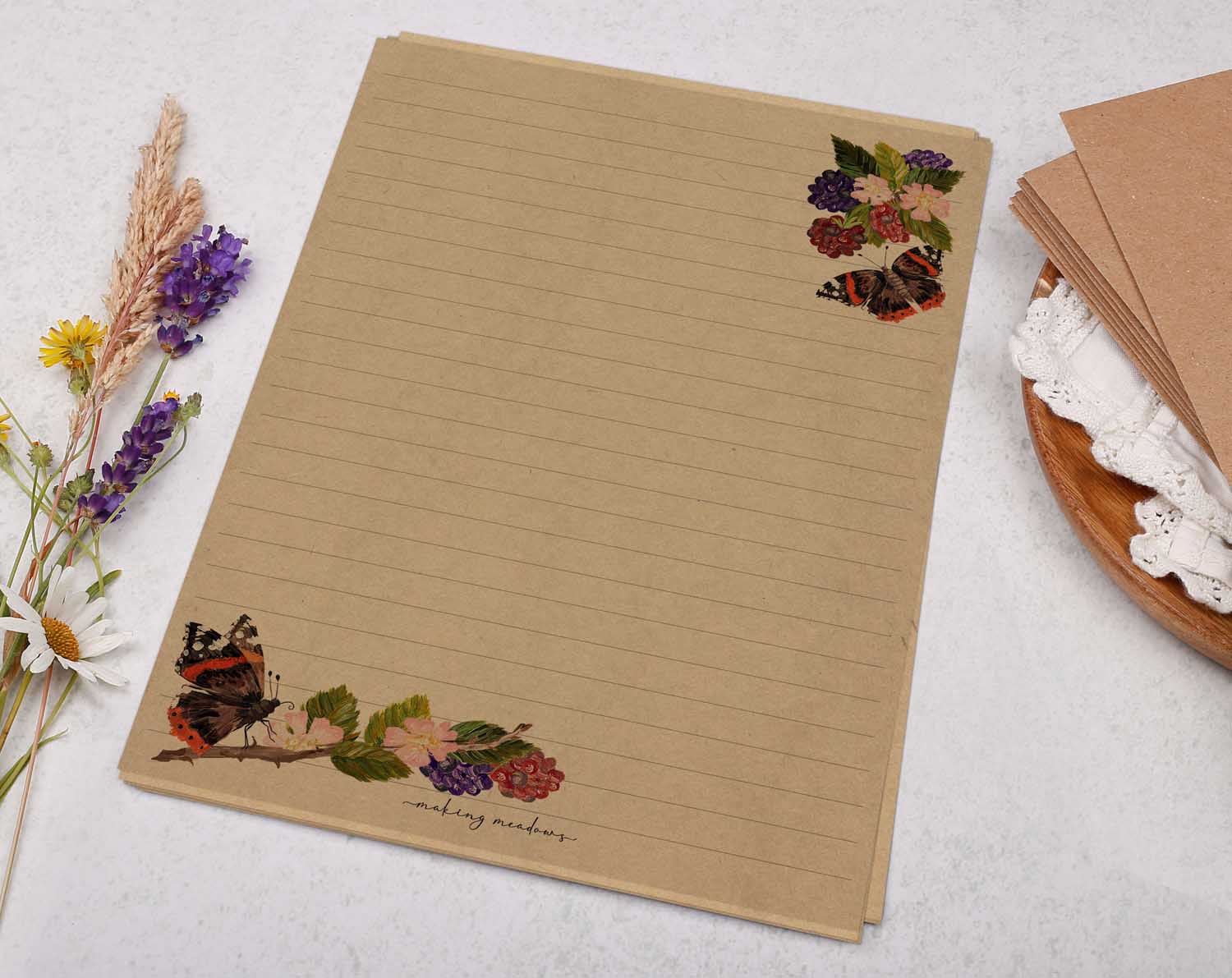 A5 Kraft letter writing paper sheets with a pretty butterfly design.