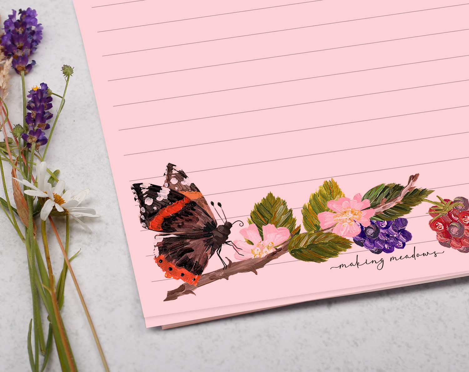 Pink A5 letter writing paper sheets with butterfly and blackberry design. 