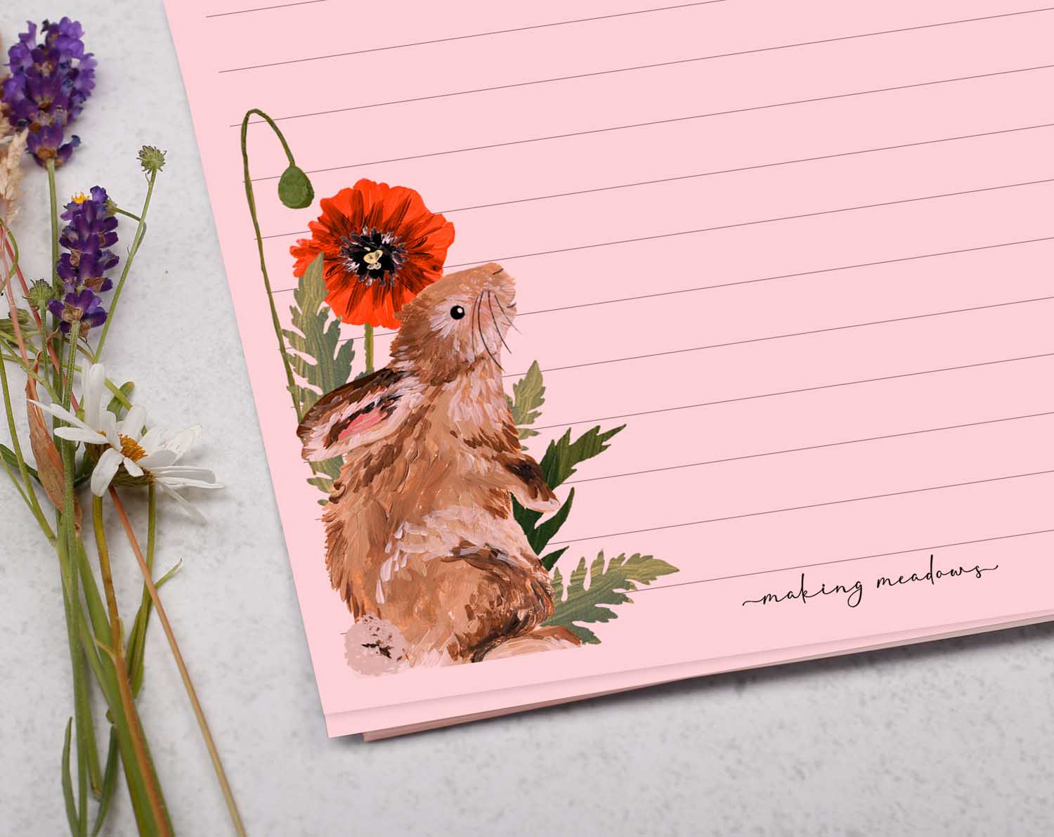 Pink A5 letter writing paper sheets with bunny rabbit and poppy design.