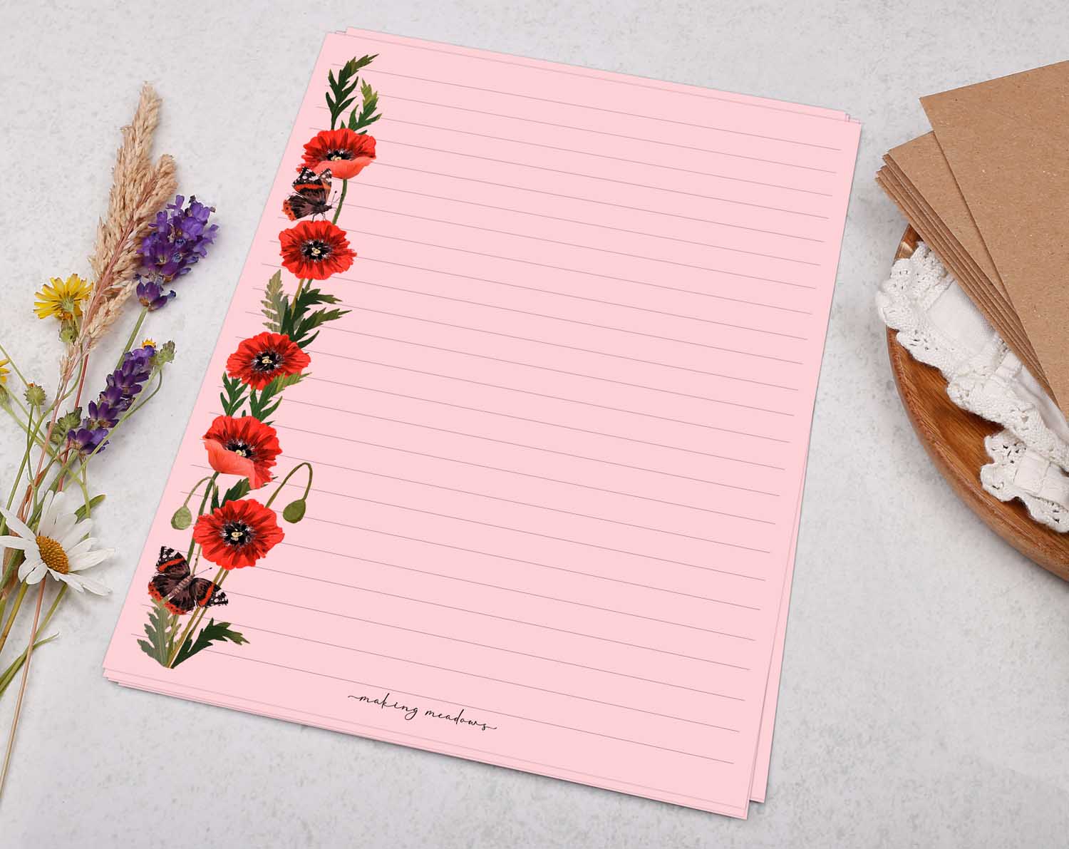 Pink A5 letter writing paper sheets adorned with beautiful red hand painted poppies. 
