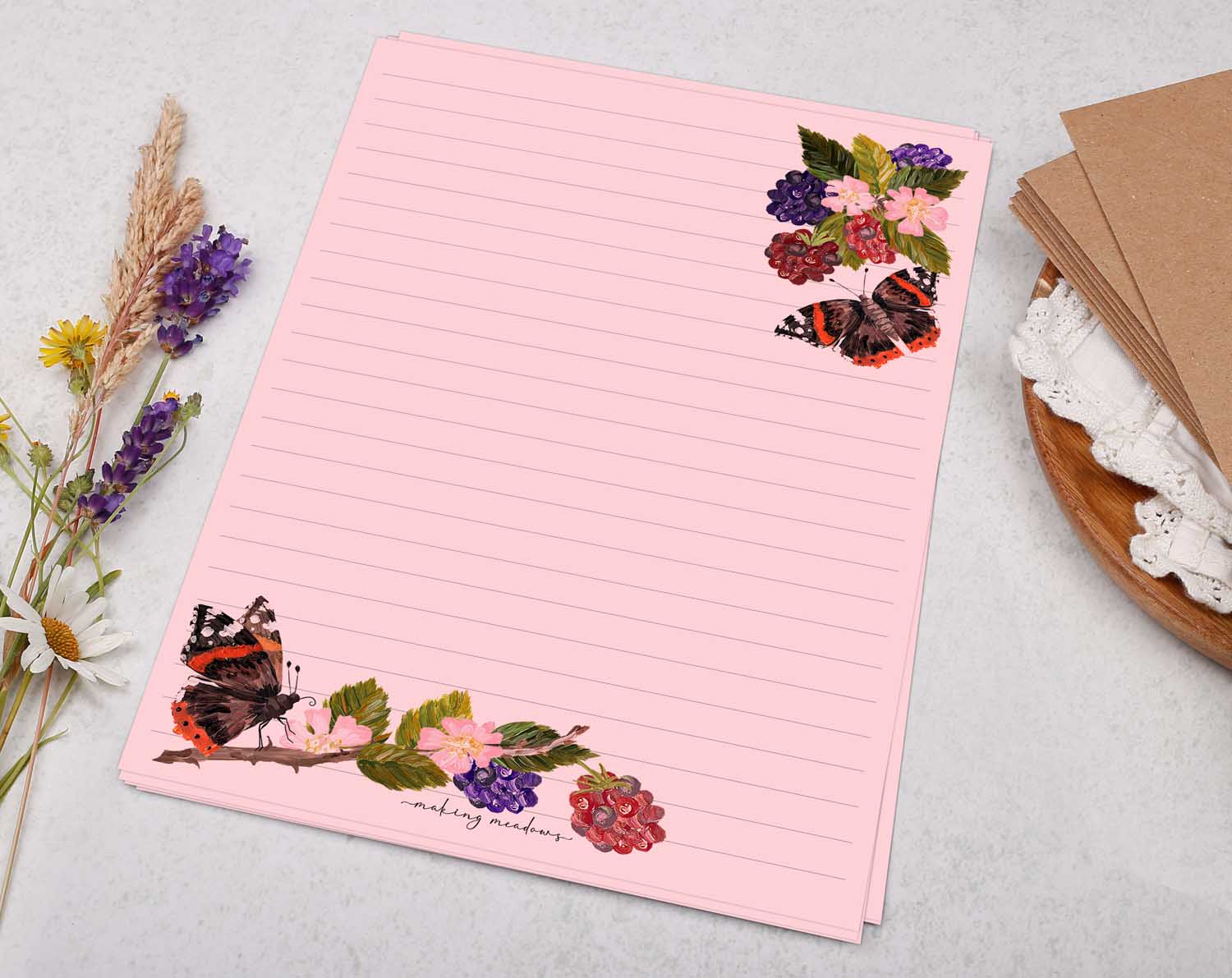Pink A5 letter writing paper sheets with butterfly and blackberry design. 