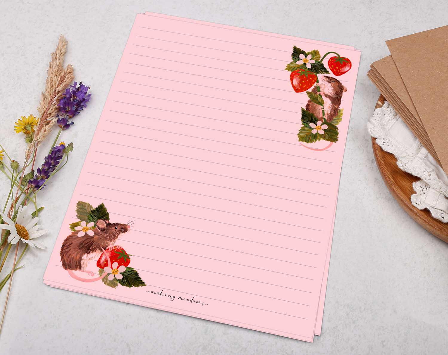 Pink A5 letter writing paper sheets with field mice and strawberry design.